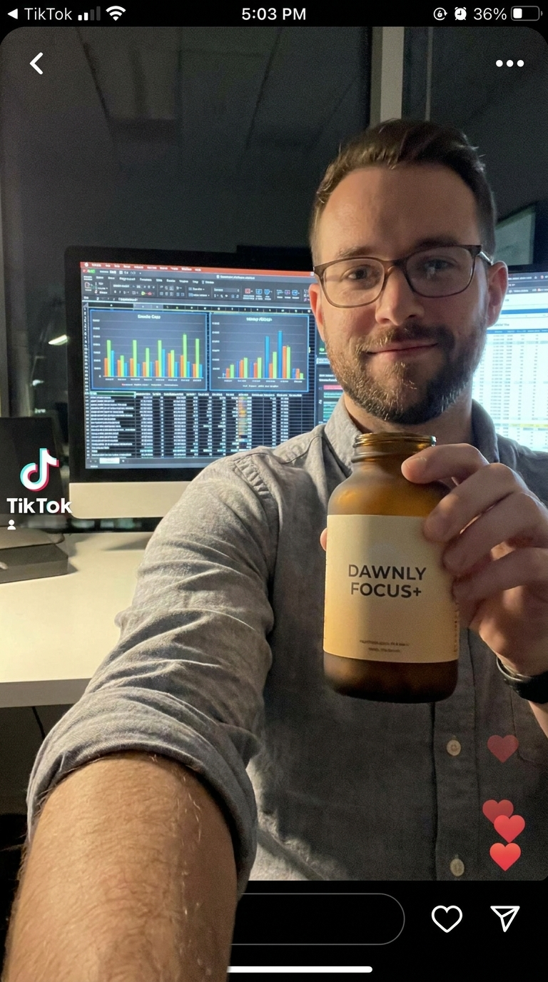 An analyst holding Dawnly Focus+ at his desk with charts on screen.