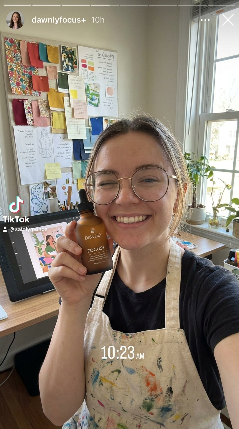 A designer holding Dawnly Focus+ in her creative studio.