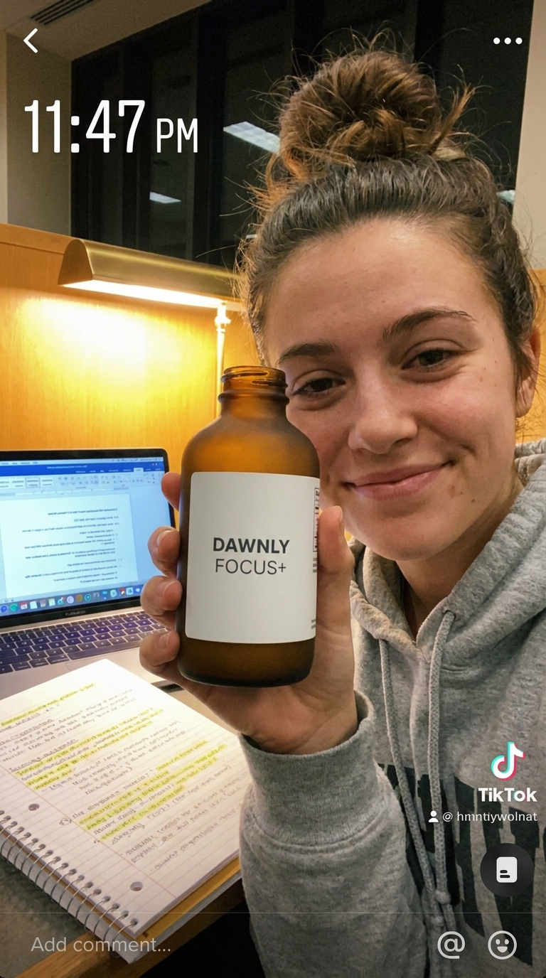 A student holding Dawnly Focus+ during a late-night library study session.