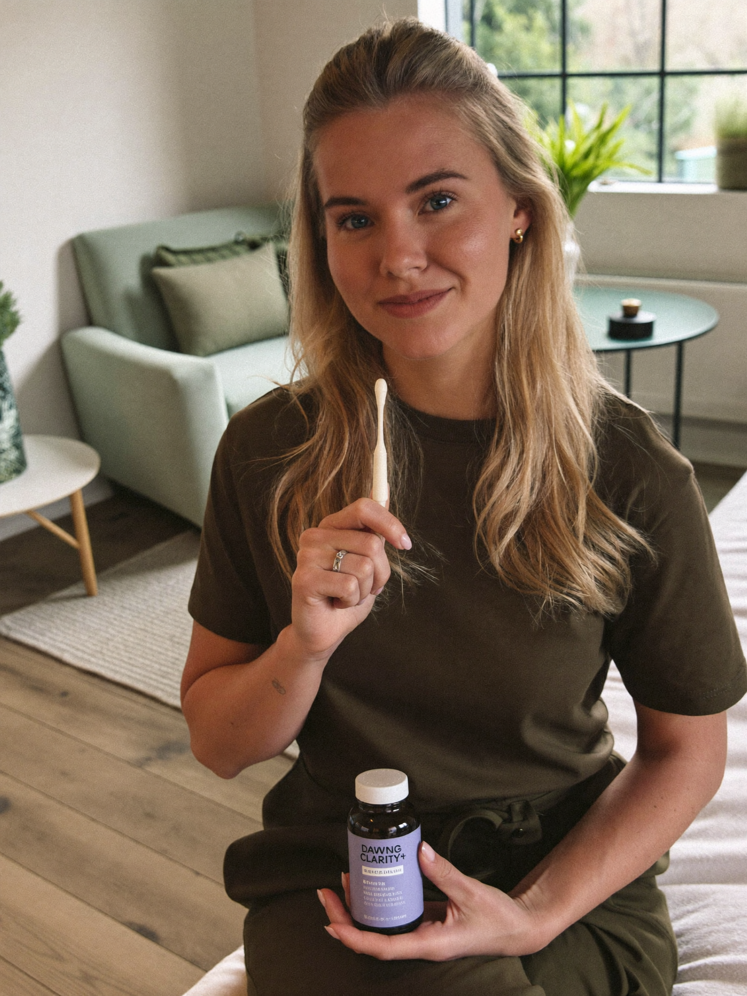 A therapist holding Dawnly Clarity+ in her office between sessions.