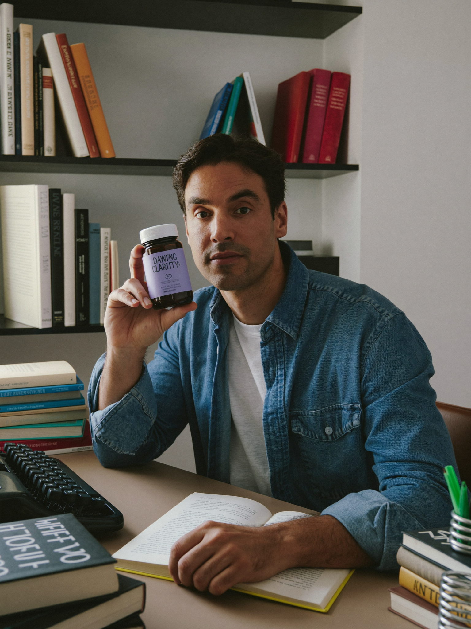 A freelance writer holding Dawnly Clarity+ at his writing desk.