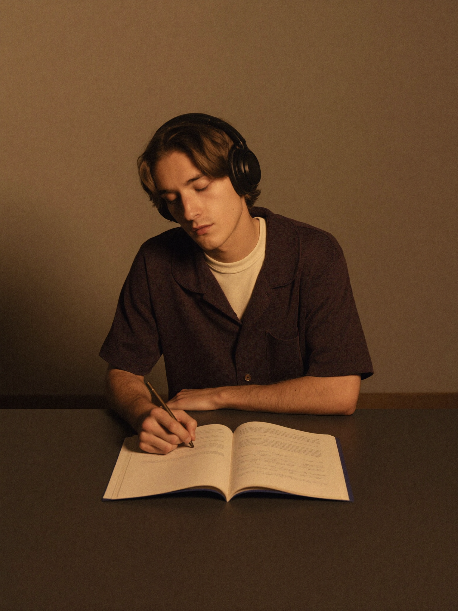 A language learner studying with headphones in quiet concentration.