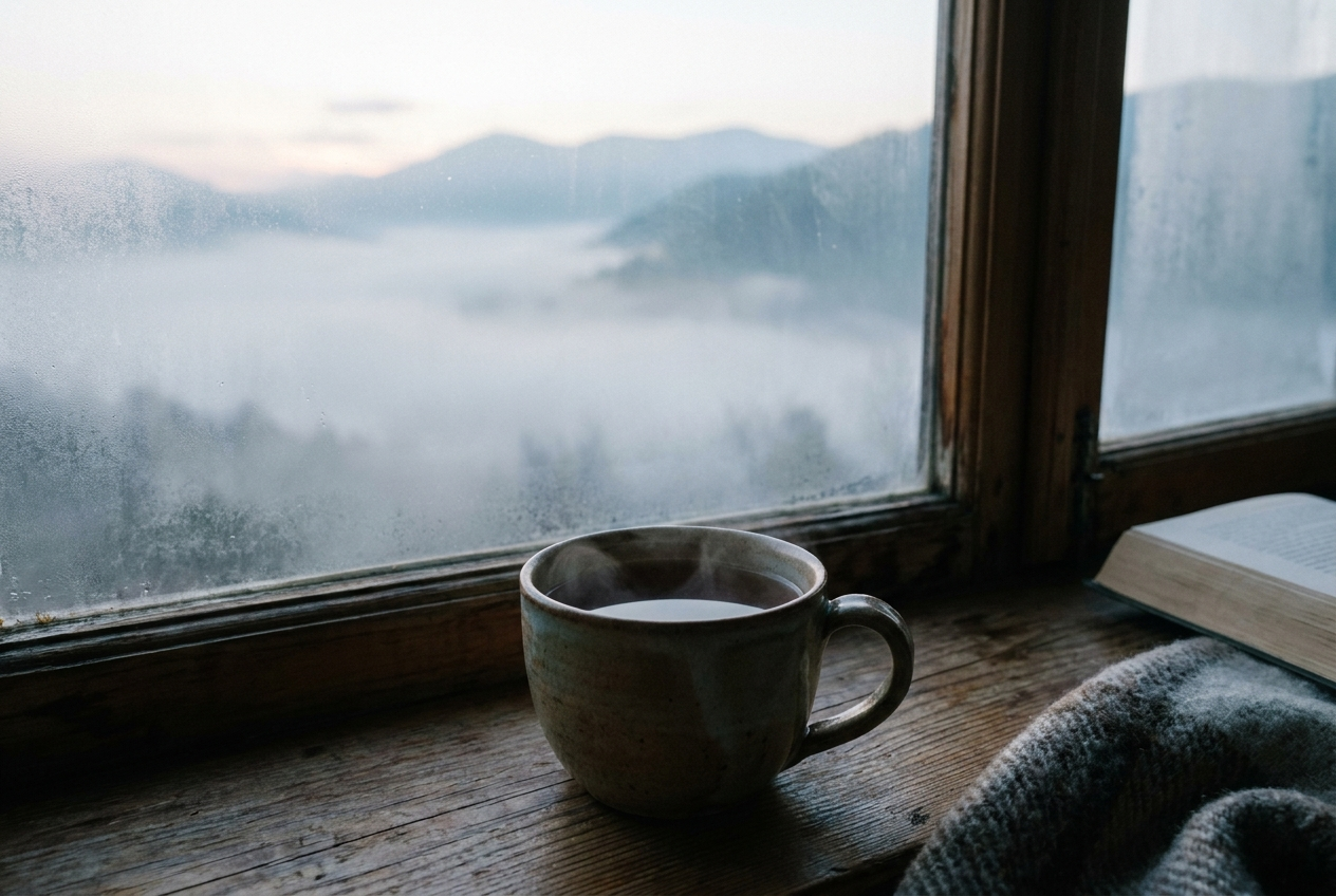 A steaming mug of tea on a windowsill overlooking misty mountains at dawn
