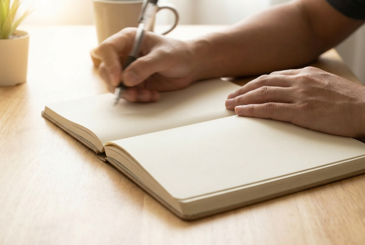 Hands writing quickly in a blank notebook at a clean desk