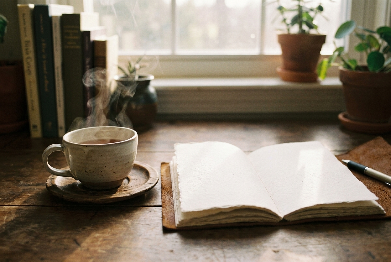 A ceramic teacup with steam rising beside an open notebook