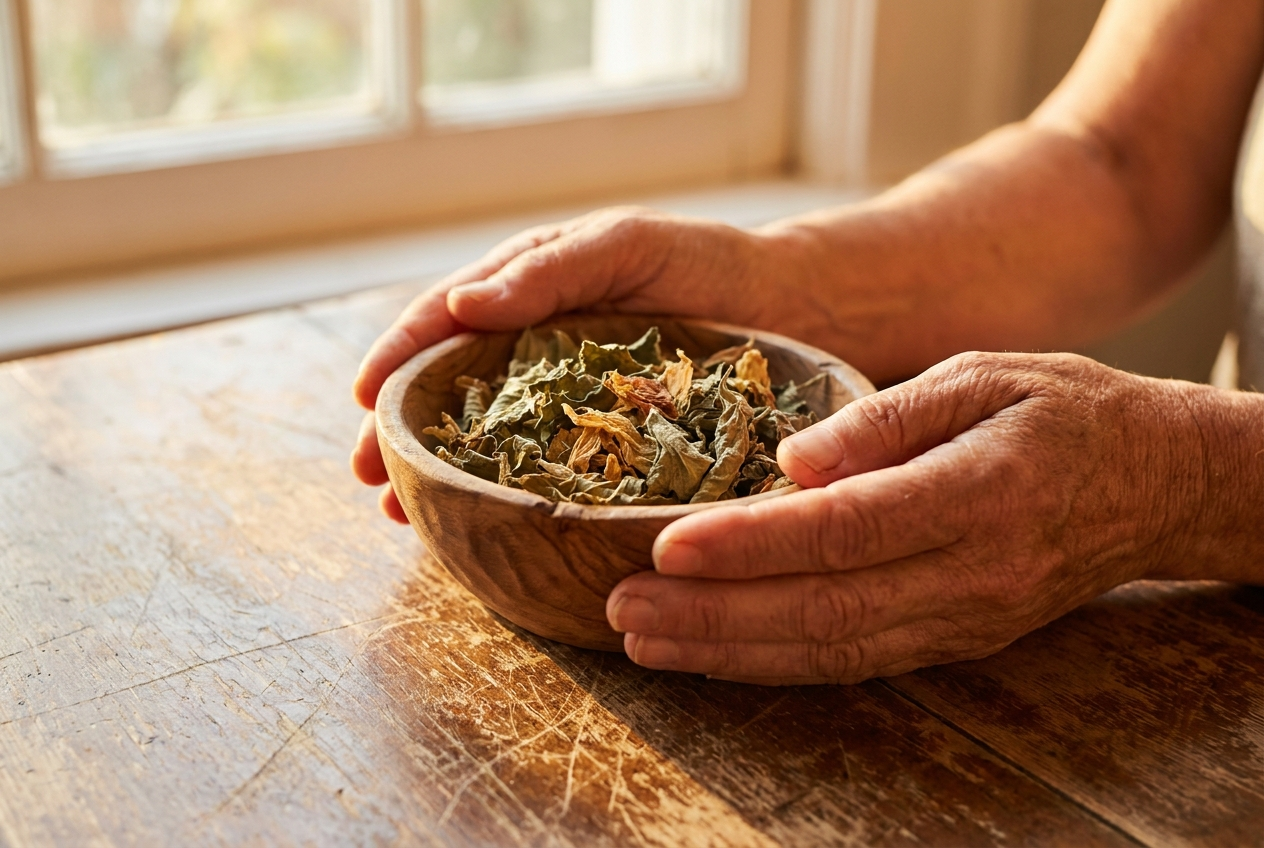 Hands cradling a small bowl of dried herbal botanicals