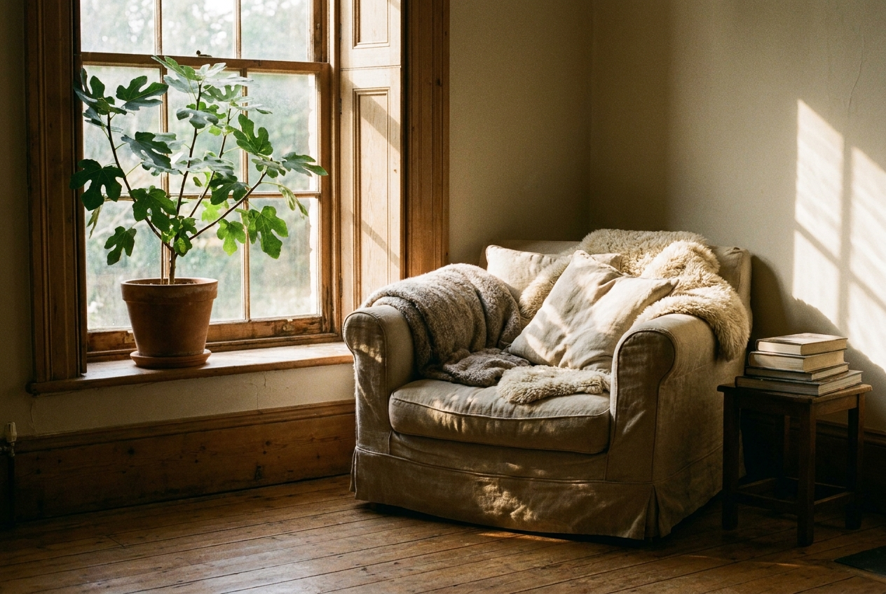 An empty cozy armchair beside a sunlit window with a potted plant