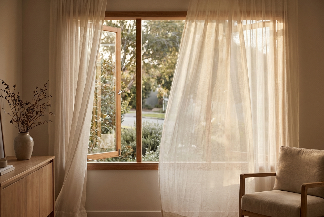Sheer curtains gently blowing in a breeze beside an open window