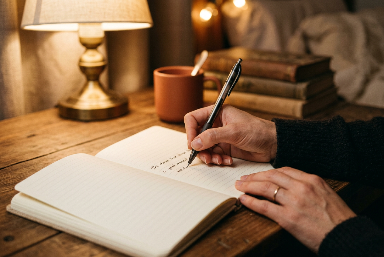 A hand writing in a blank notebook with a warm desk lamp glowing in the background