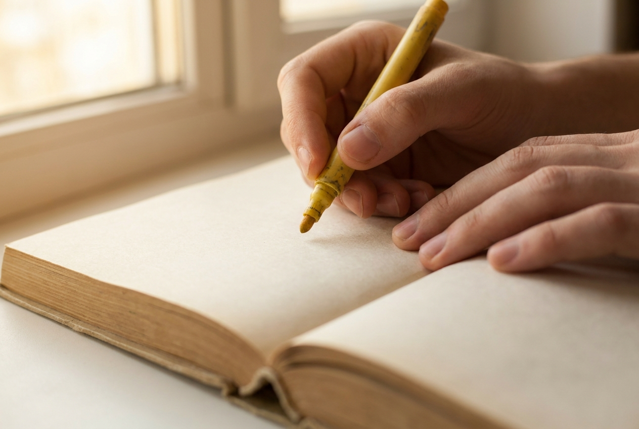 Hands holding a yellow highlighter over an open textbook page