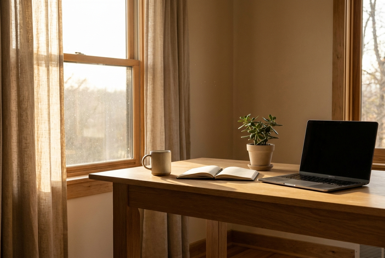 A tidy minimalist desk bathed in warm golden sunrise light
