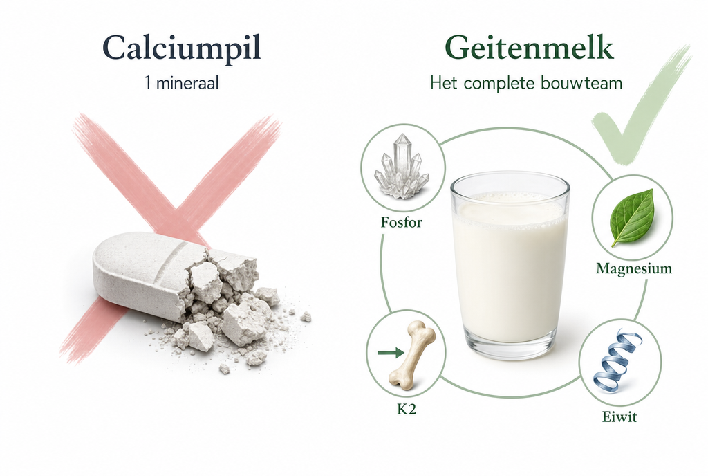 Infographic: bot als bouwwerk met calcium, fosfor, magnesium, K2 en eiwit