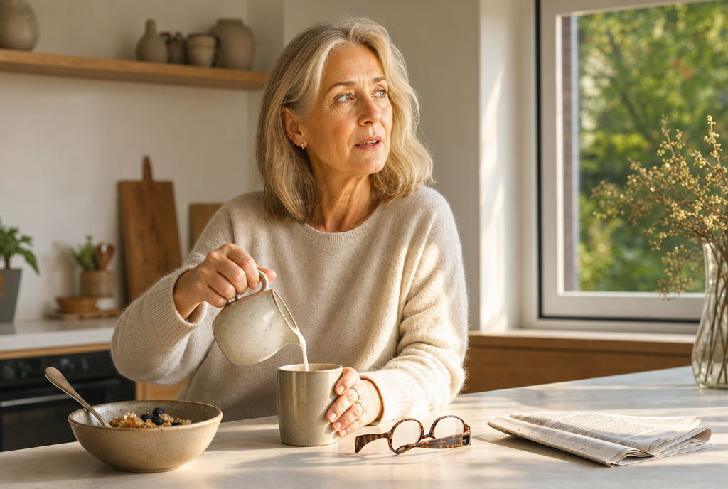Glas melk naast verse ingrediënten op een aanrecht