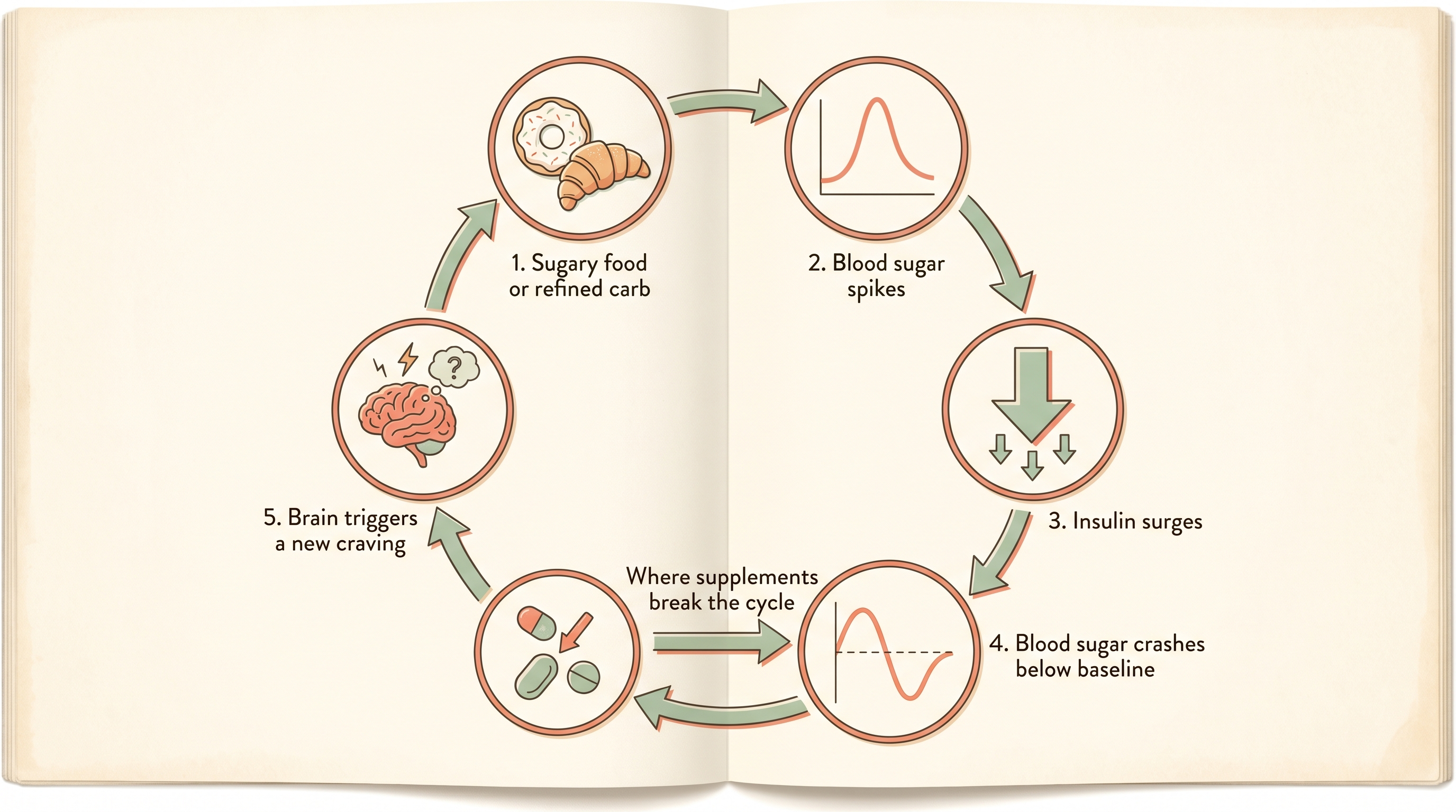 Diagram of the 5-step sugar craving cycle showing where supplements can break the loop