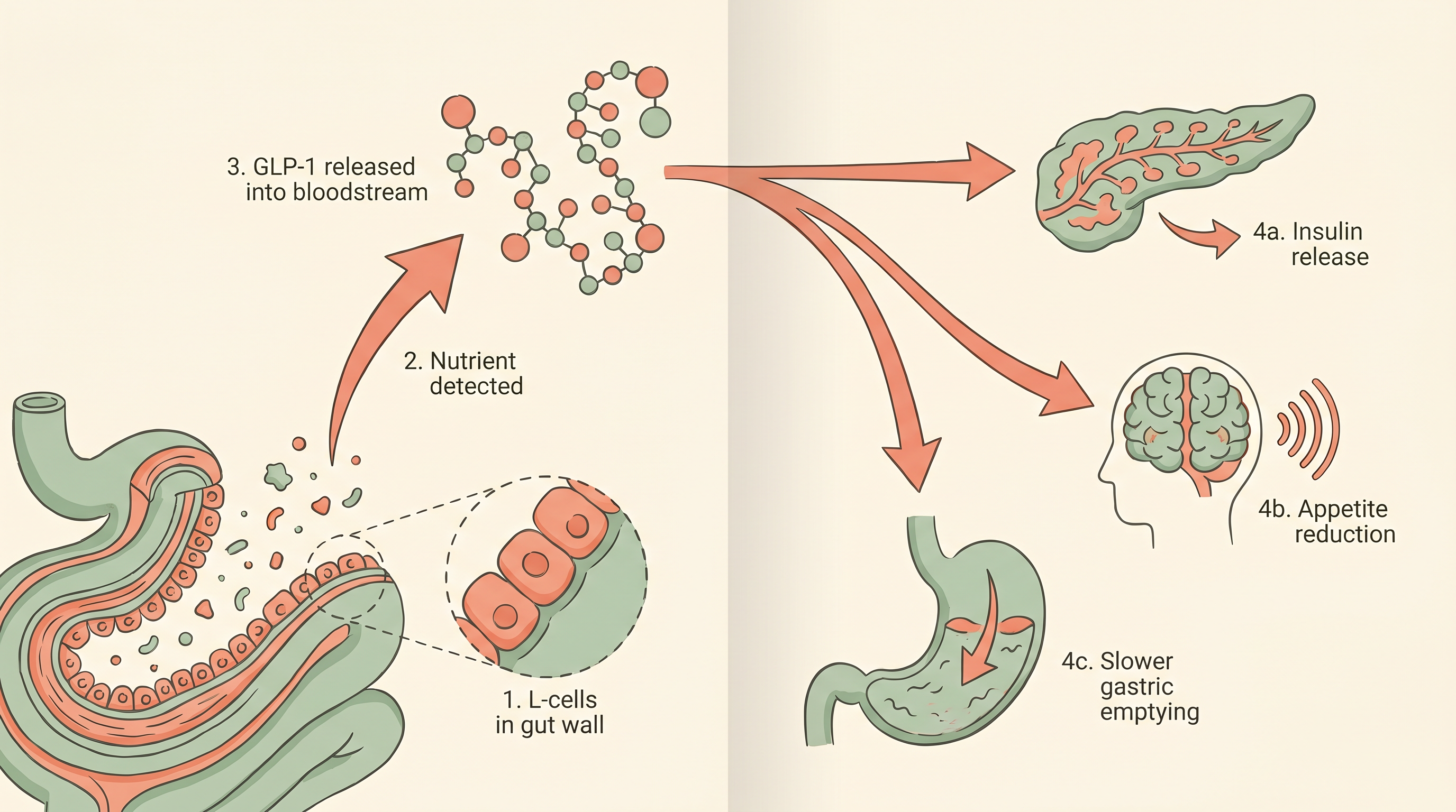 Diagram of GLP-1 release pathway from gut L-cells to bloodstream, pancreas, brain, and stomach