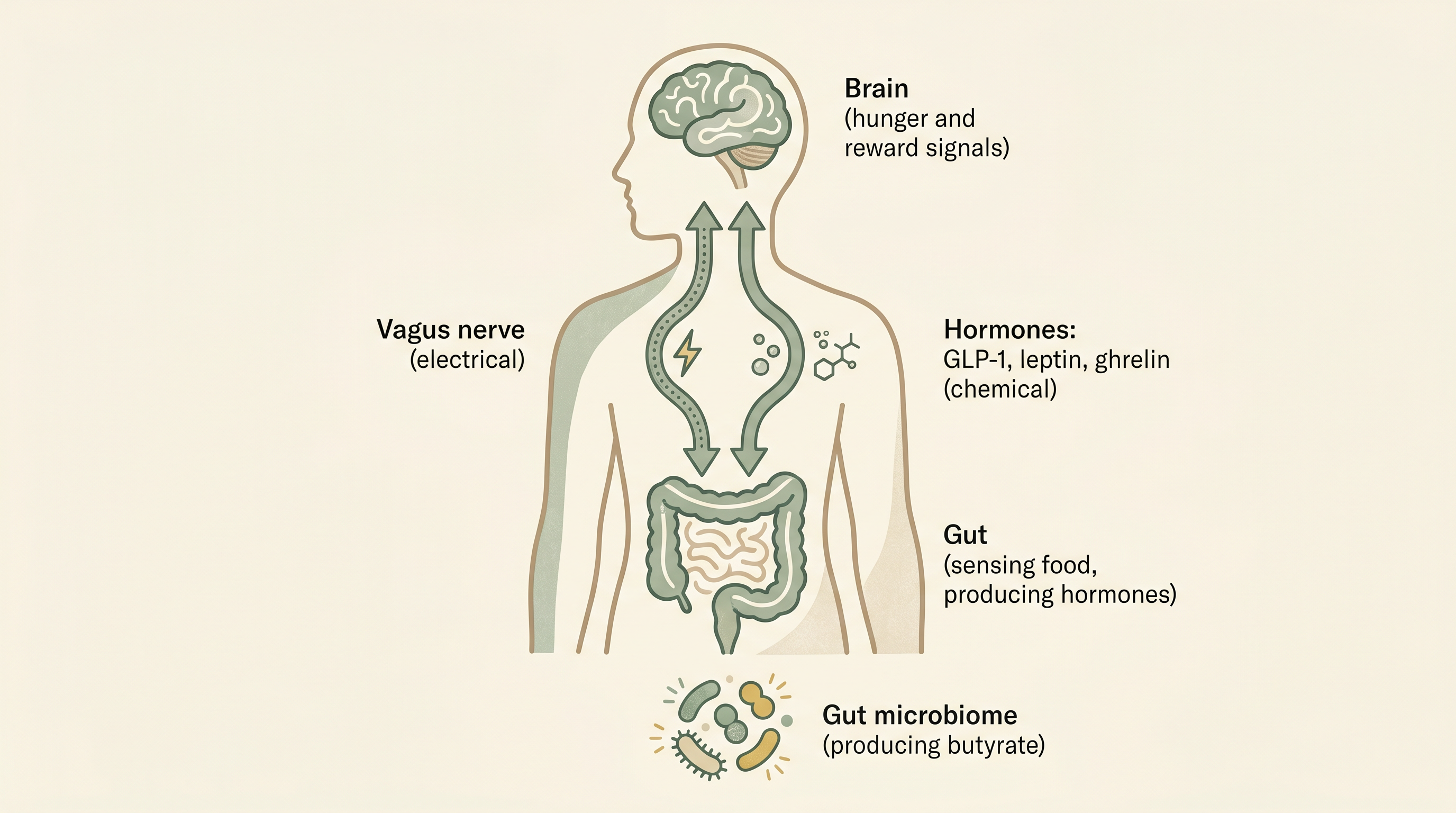 Diagram of the gut-brain axis showing communication between gut microbiome and brain via vagus nerve and hormones