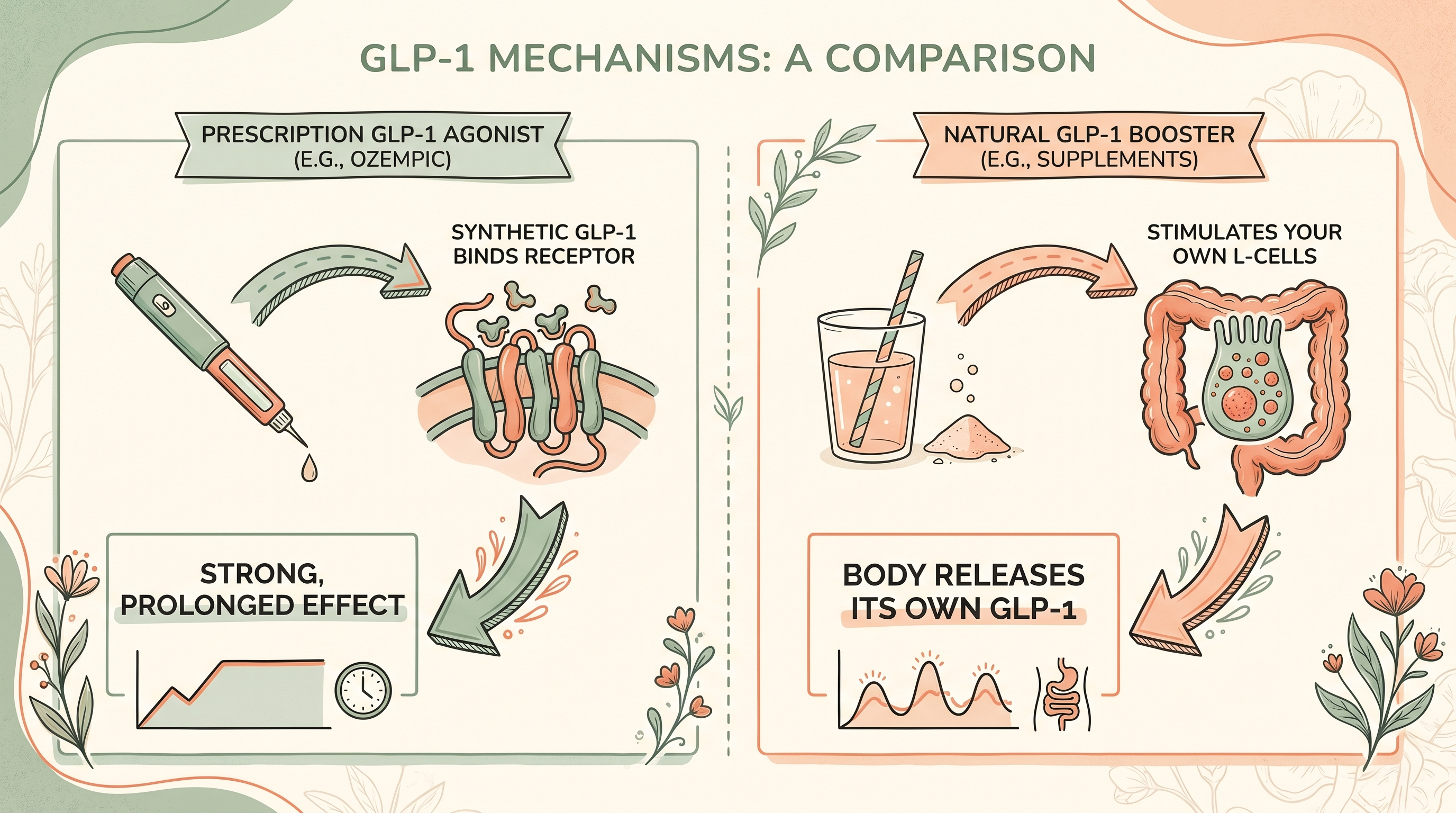 Comparison diagram showing prescription GLP-1 agonist mechanism versus natural GLP-1 booster mechanism