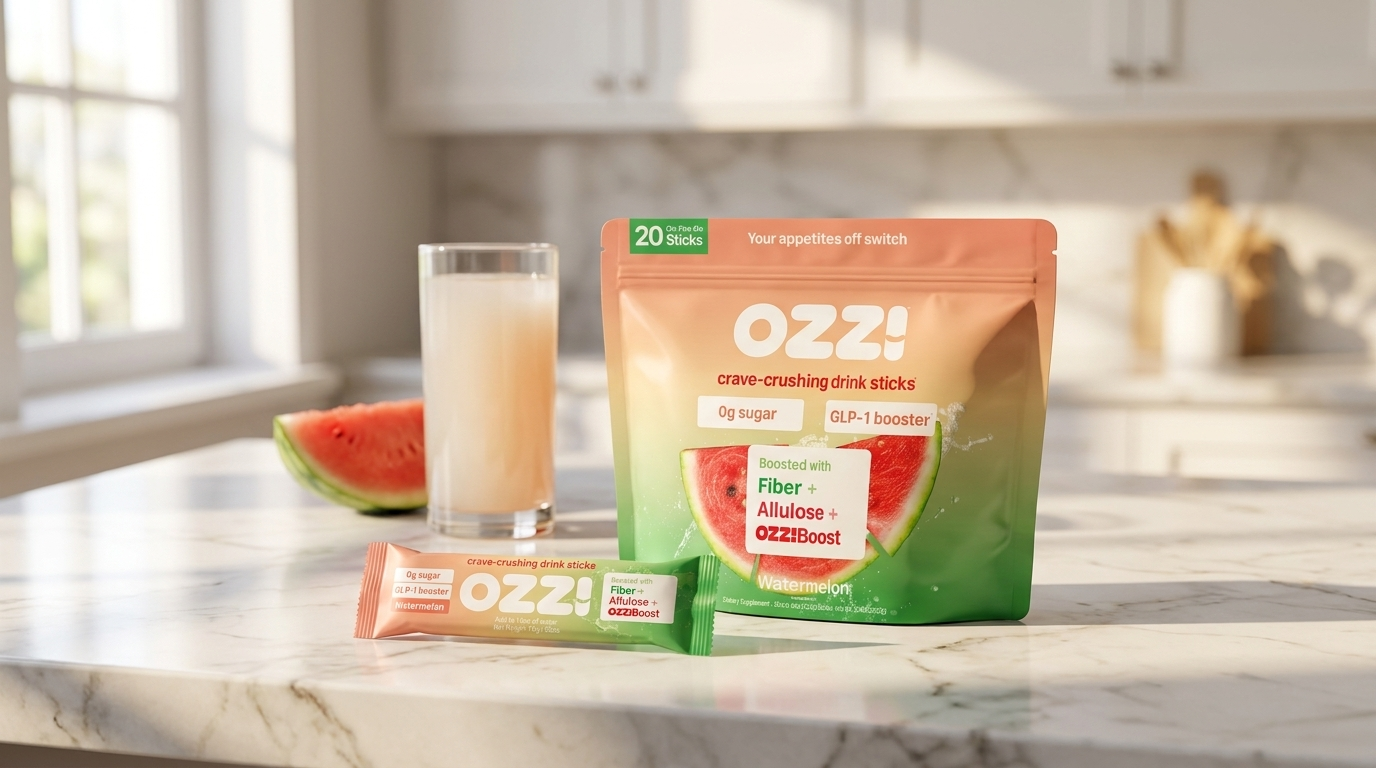 Ozzi Crave Crusher watermelon stick pack pouch next to a single stick on a sunlit kitchen counter