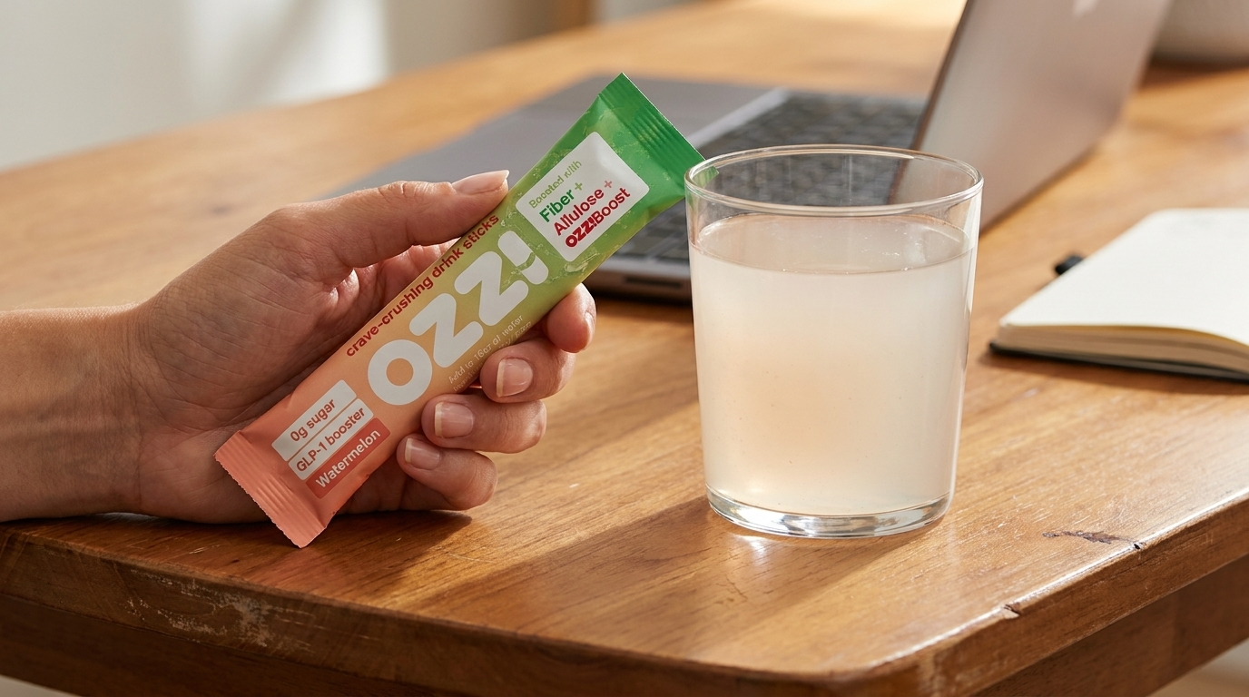 Hand holding a single Ozzi watermelon stick pack near a glass of prepared Ozzi drink