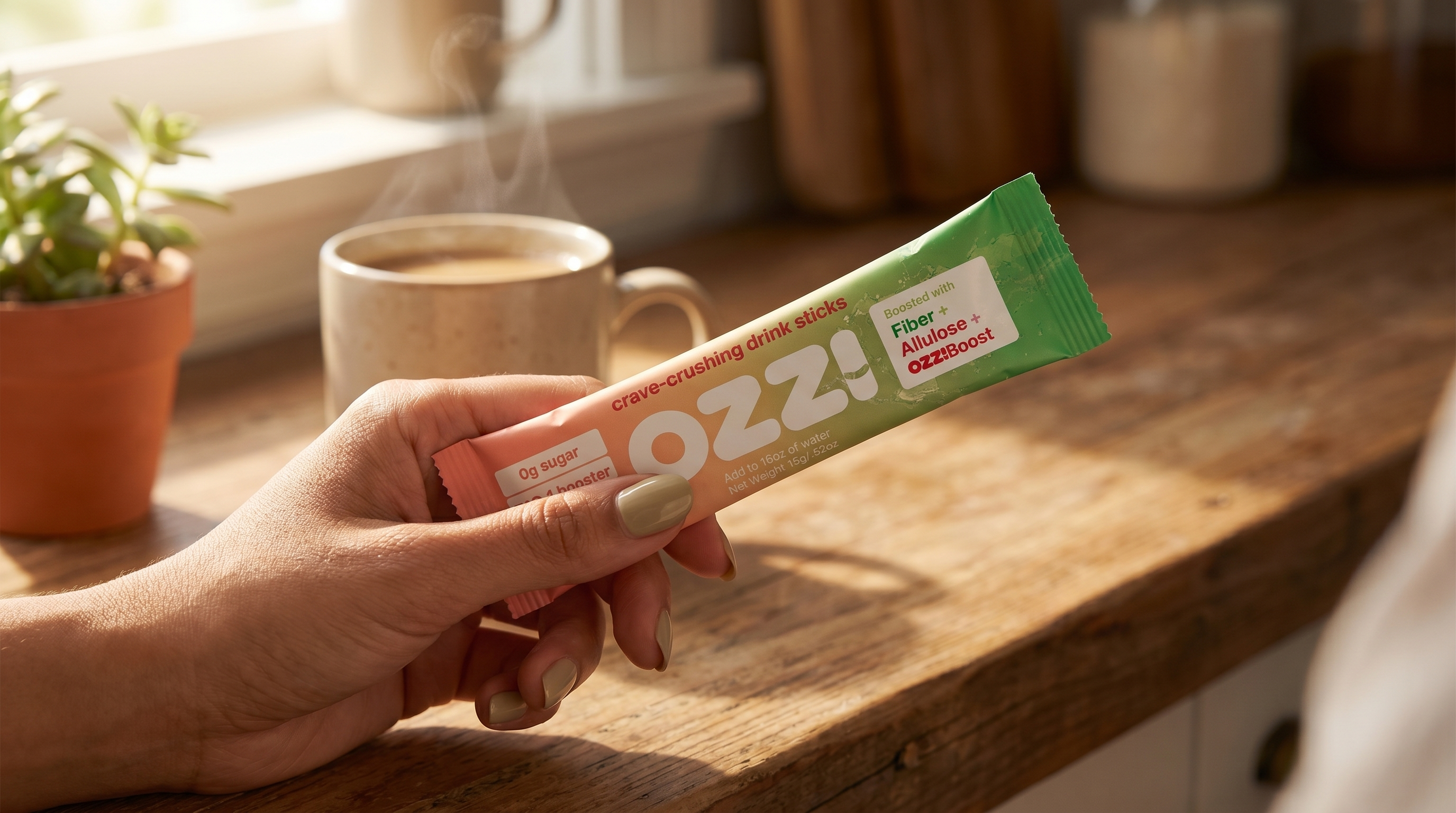 Hand holding a single OZZ! watermelon stick pack with morning coffee mug in the background