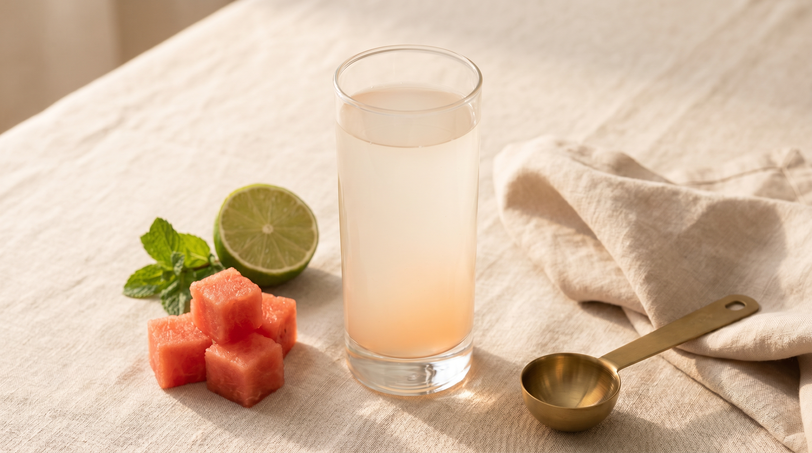 Overhead flatlay of a glass of prepared Ozzi drink with fresh fruit and a measuring tape