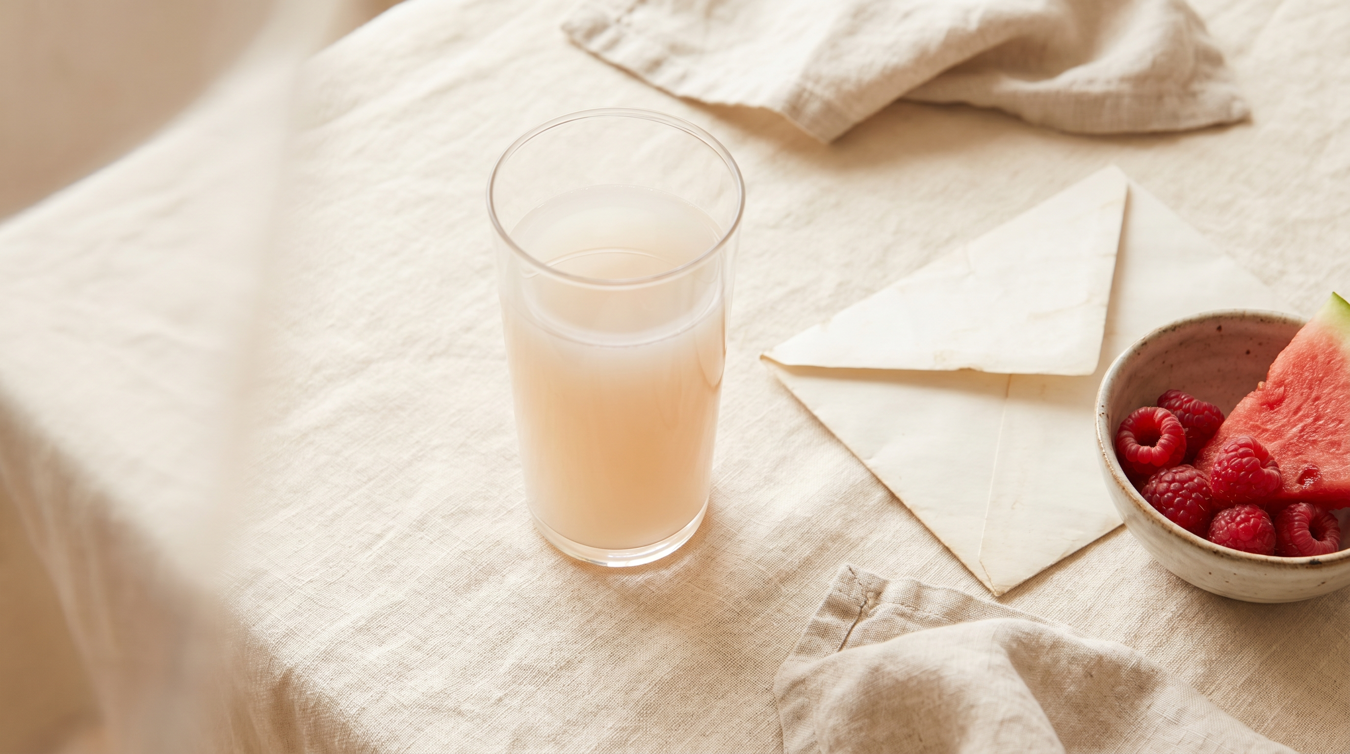 A glass of the prepared Ozzi drink on a kitchen counter with a folded letter and fresh fruit, hopeful and calm composition