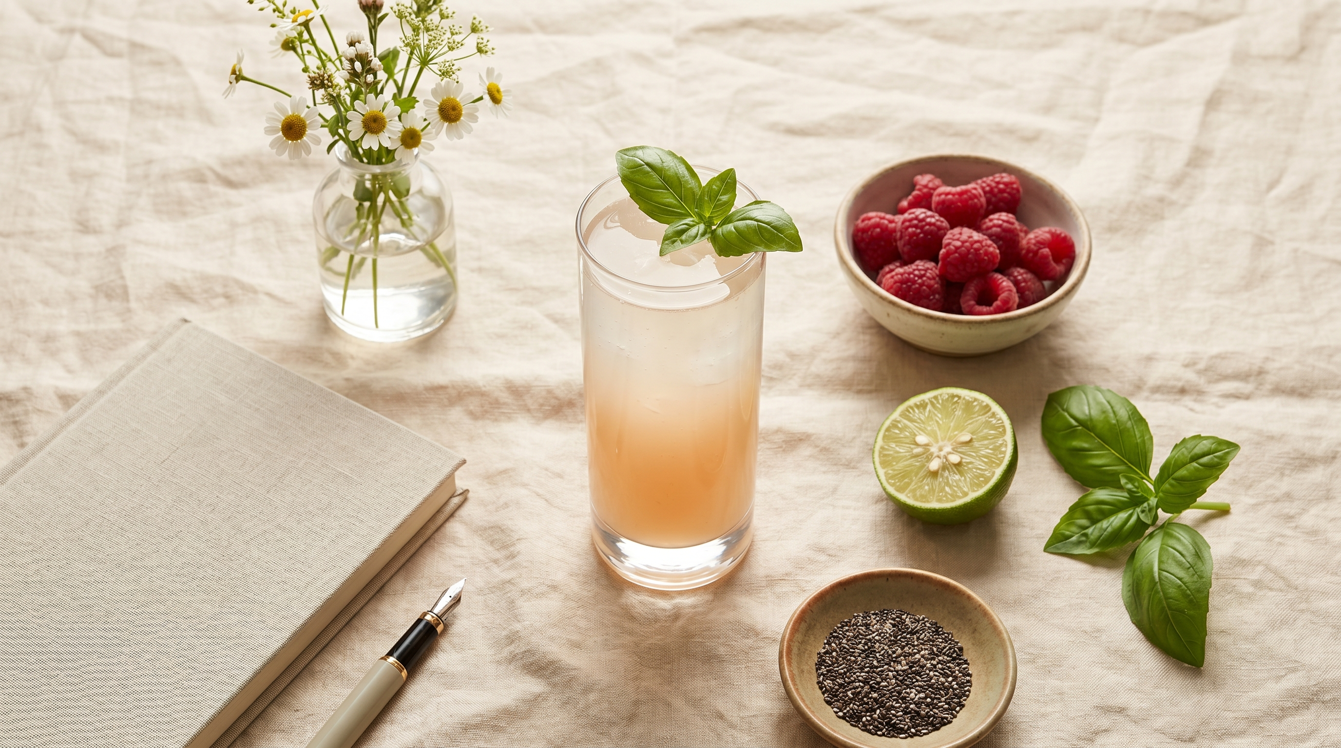 Overhead flatlay with a glass of the prepared Ozzi drink, fresh raspberries, lime, basil, and a journal