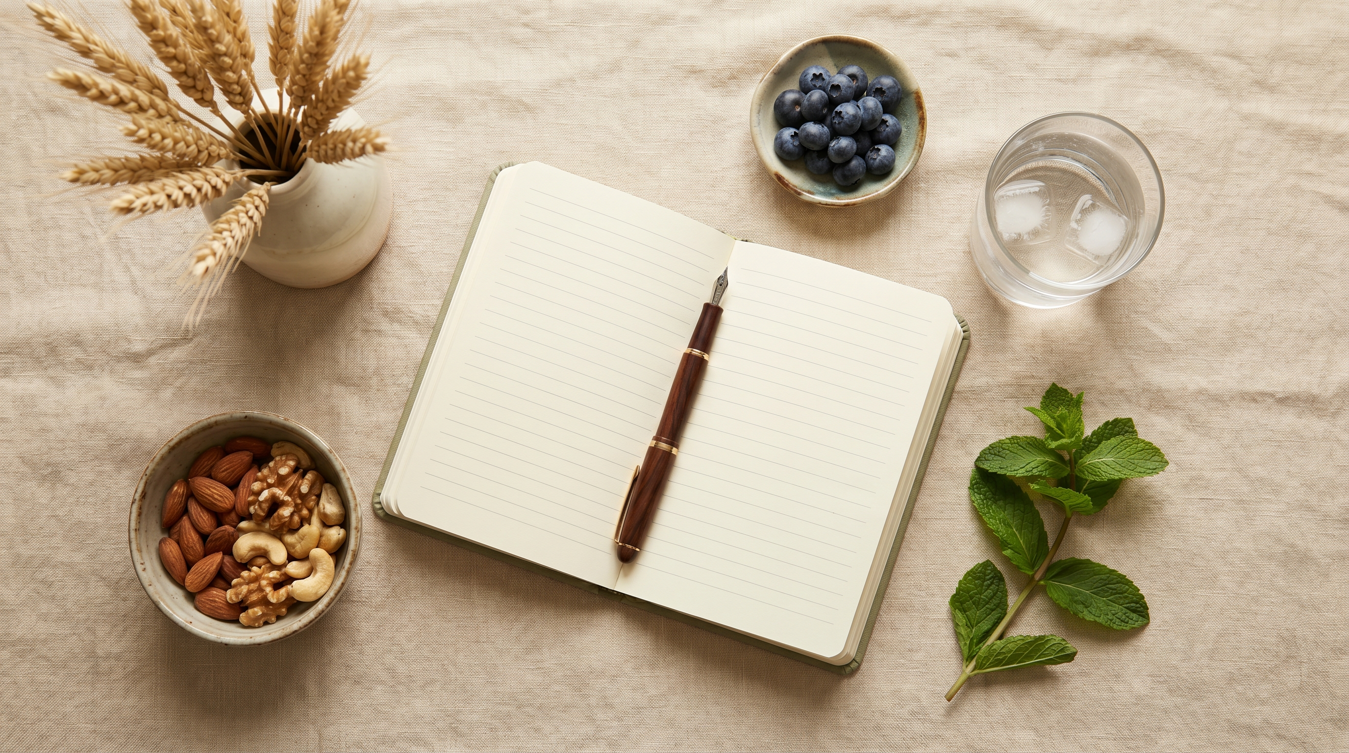 Overhead flatlay of a journal with a fountain pen, a small bowl of nuts, fresh blueberries, water with ice, and dried wheat stalks