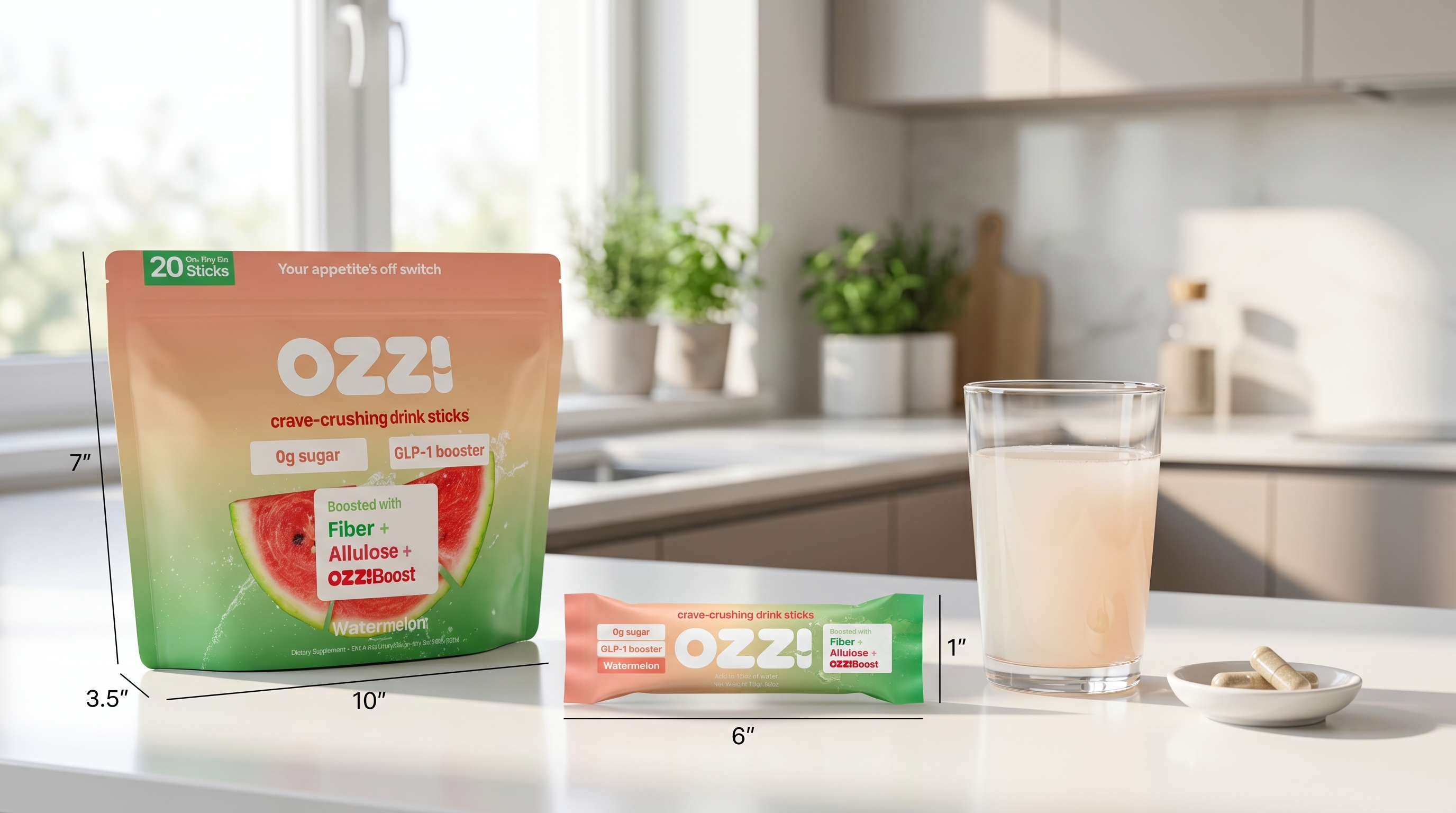Ozzi watermelon stick pack and prepared drink next to probiotic capsules on a kitchen counter