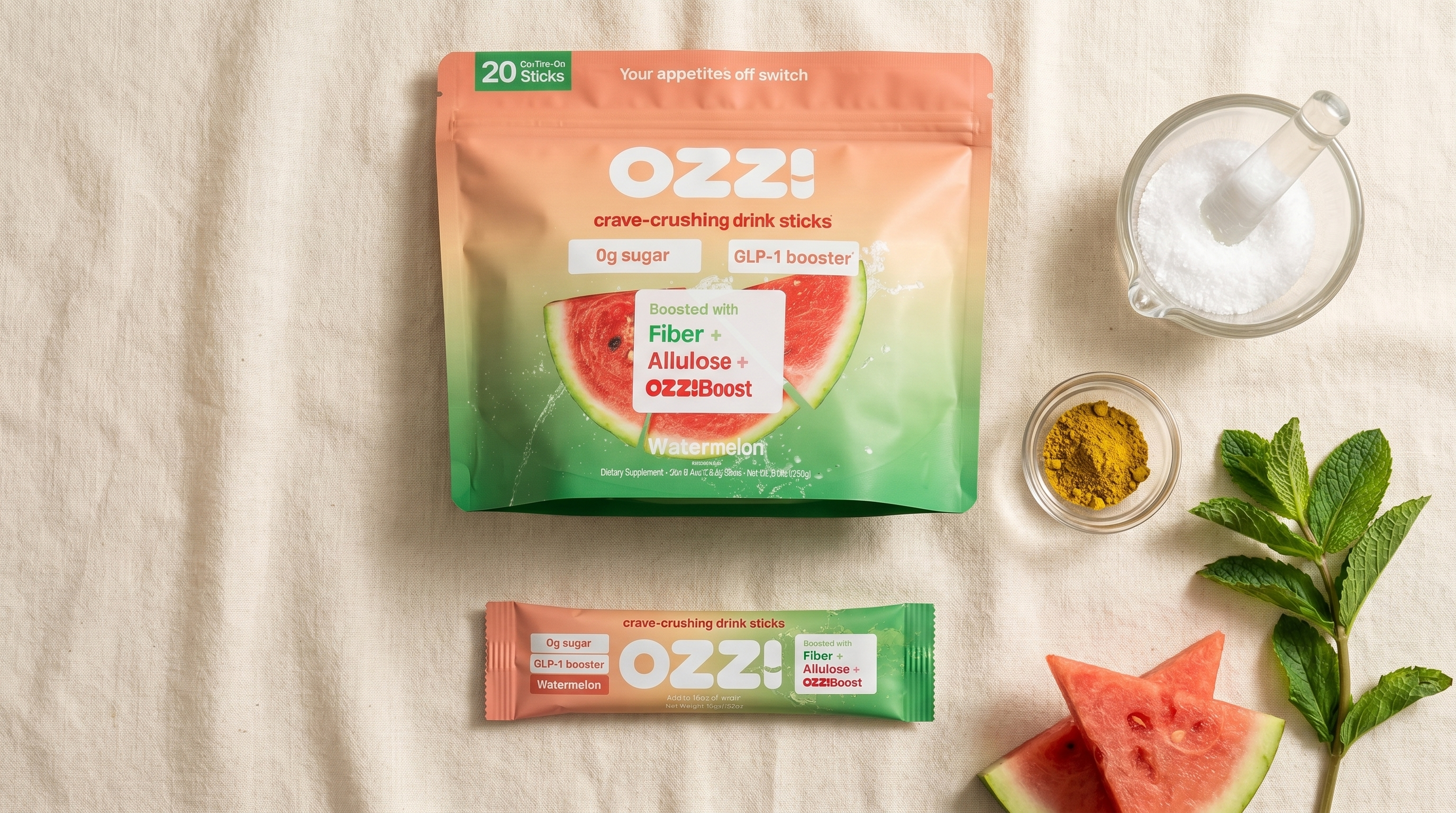 Ozzi watermelon stick pack with allulose powder and berberine extract on a linen flatlay