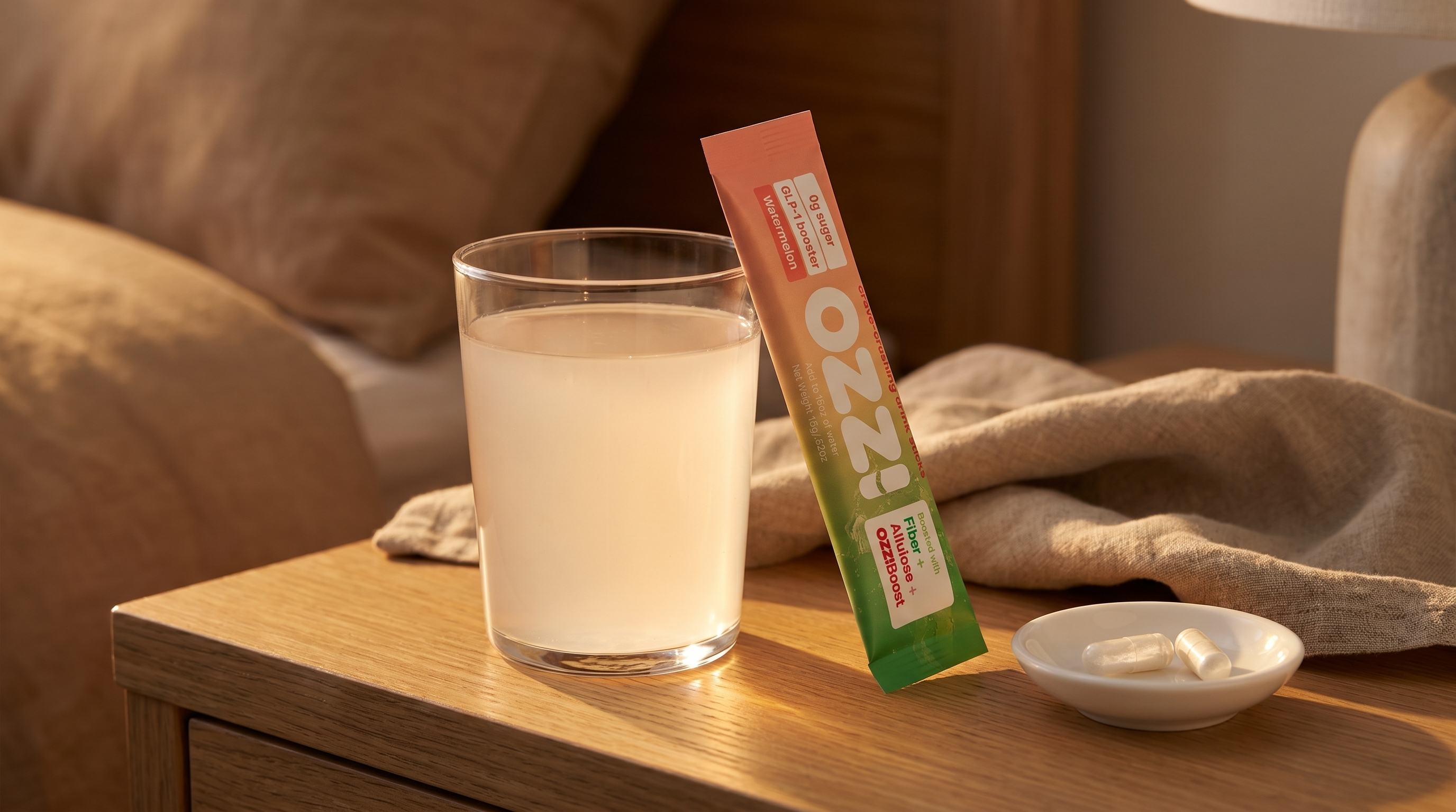 Glass of prepared Ozzi drink next to an Ozzi watermelon stick pack on a nightstand at golden hour