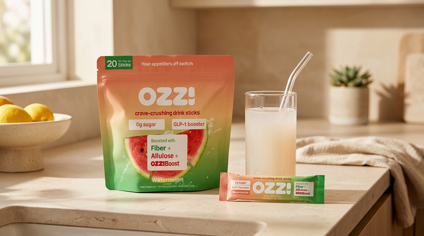 OZZ! watermelon stick pack and prepared drink on a kitchen counter, GLP-1 booster format comparison