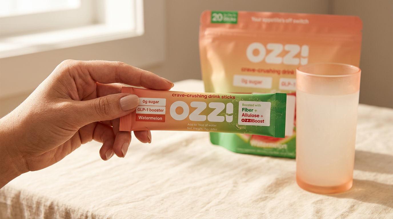 A single OZZ! watermelon stick pack held in hand next to a glass of prepared drink, daily ritual close-up