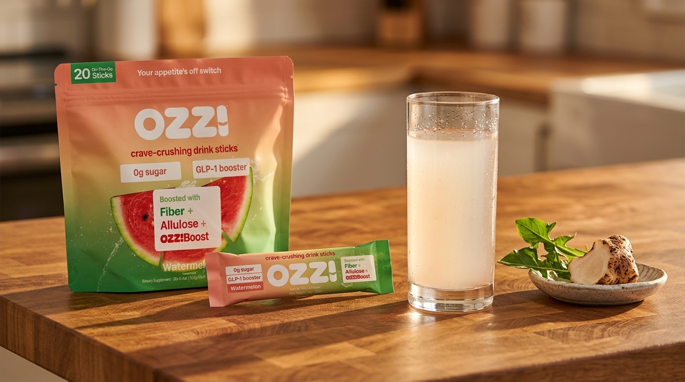 Ozzi watermelon pouch and a single stick laid out on a wood kitchen counter with a glass of the prepared drink