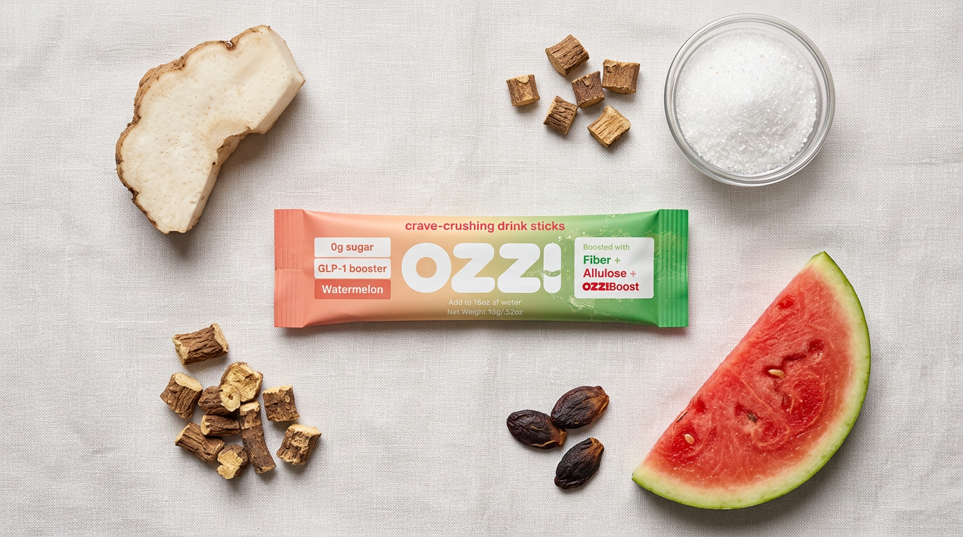 Flatlay of supplement ingredients: konjac root, chicory root, and a single OZZ! watermelon stick pack