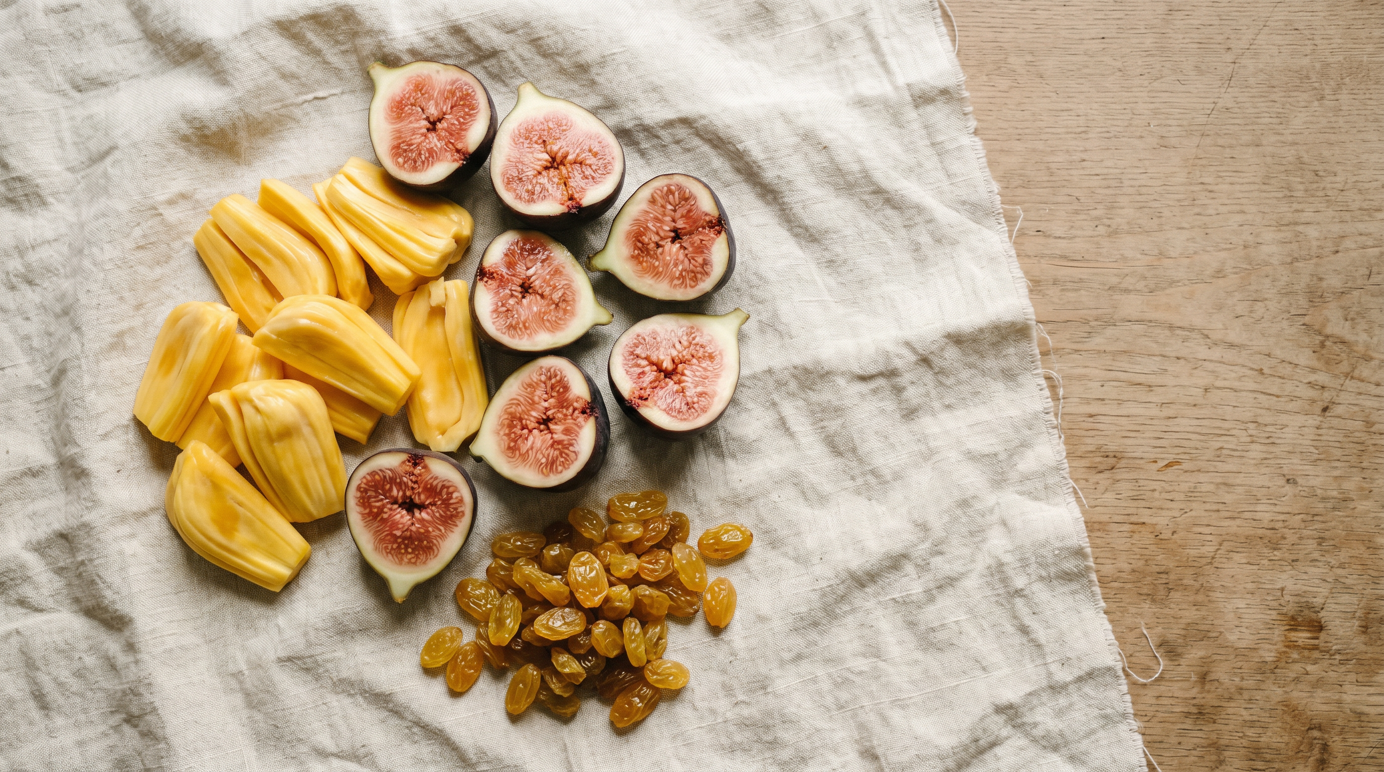 Overhead flatlay of fresh figs, jackfruit slices, and raisins on a linen cloth showing natural allulose sources