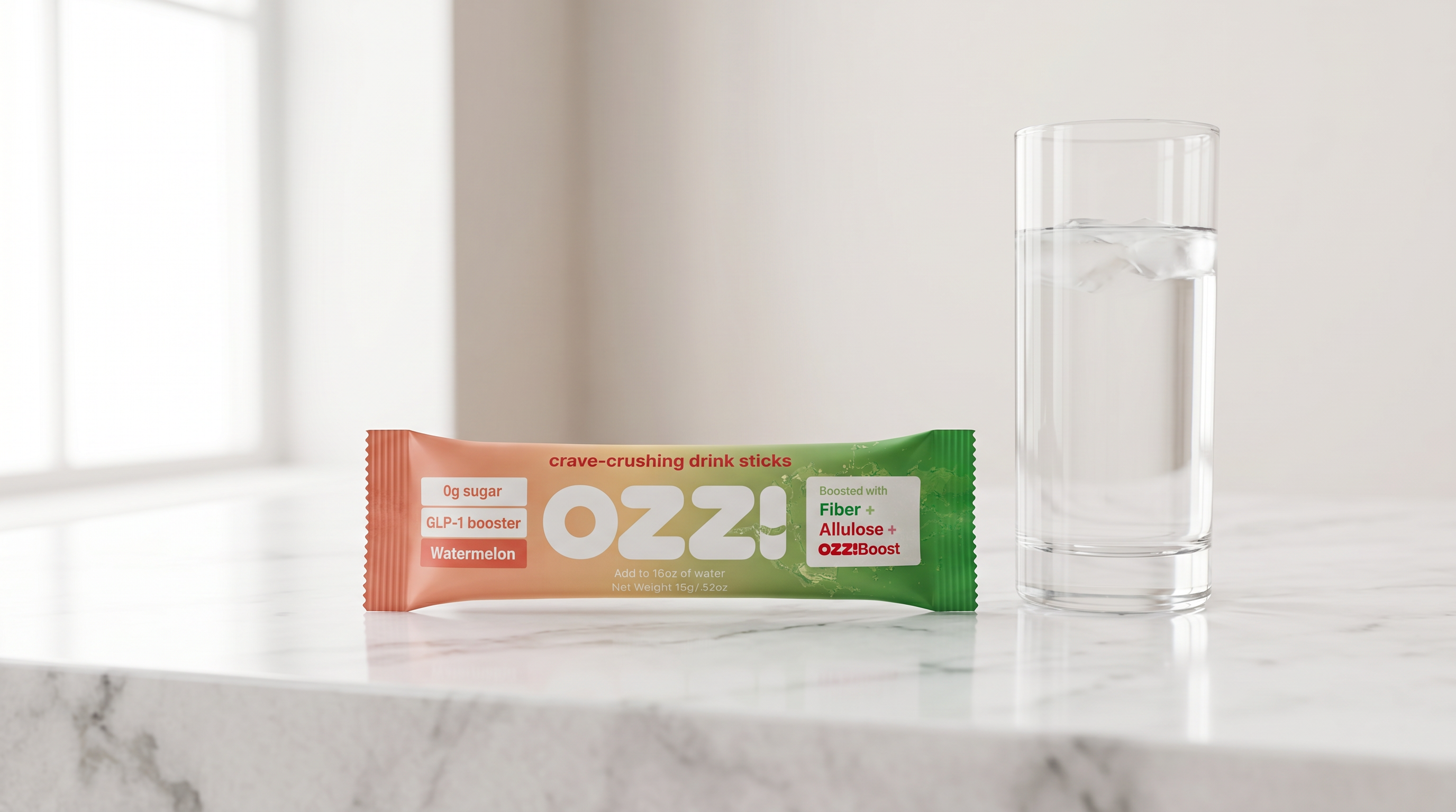 Single Ozzi Crave Crusher watermelon stick pack on a marble surface near a glass of water