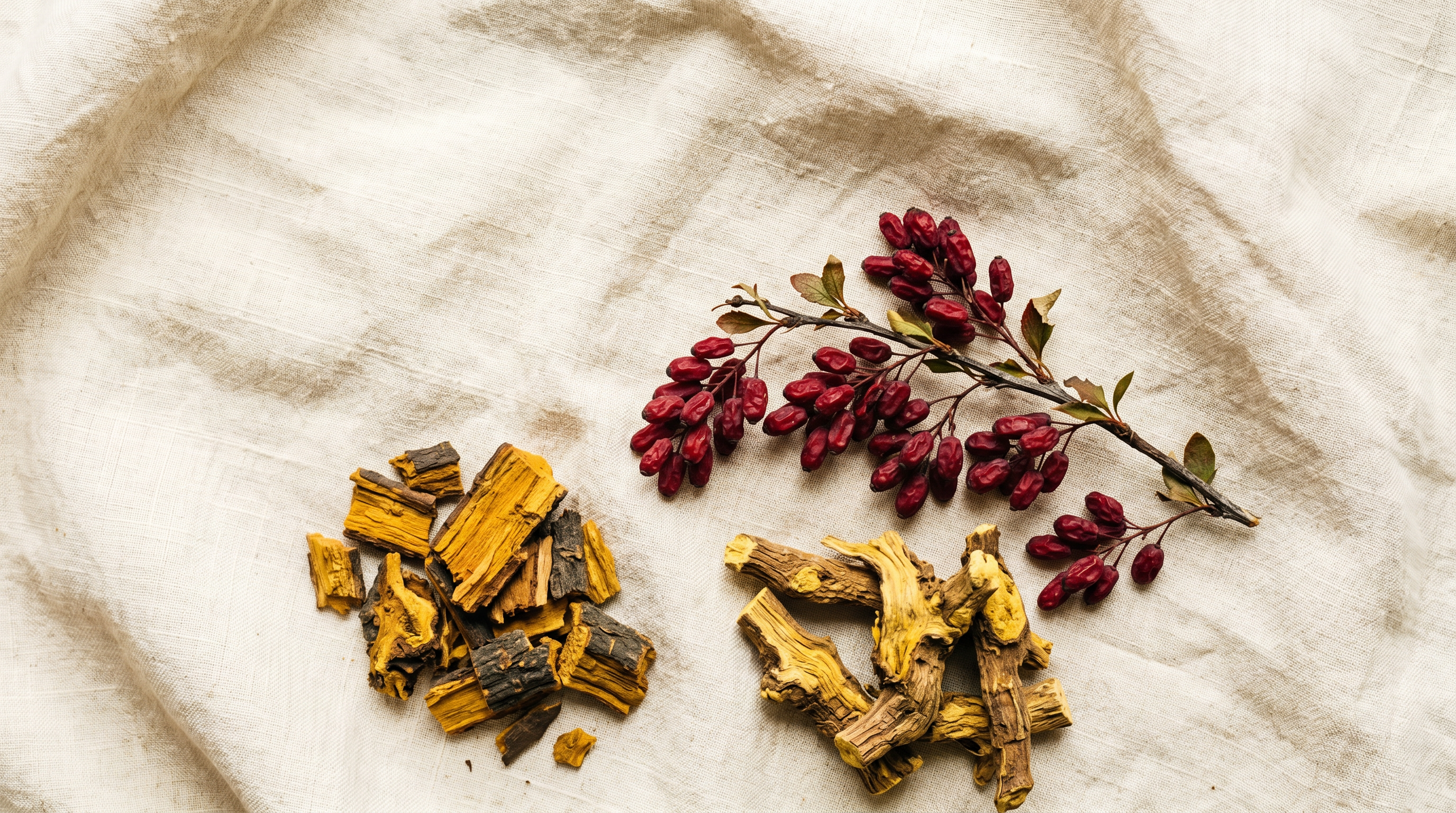 Overhead flatlay of barberry berries, goldenseal root pieces, and Oregon grape root on a natural linen cloth