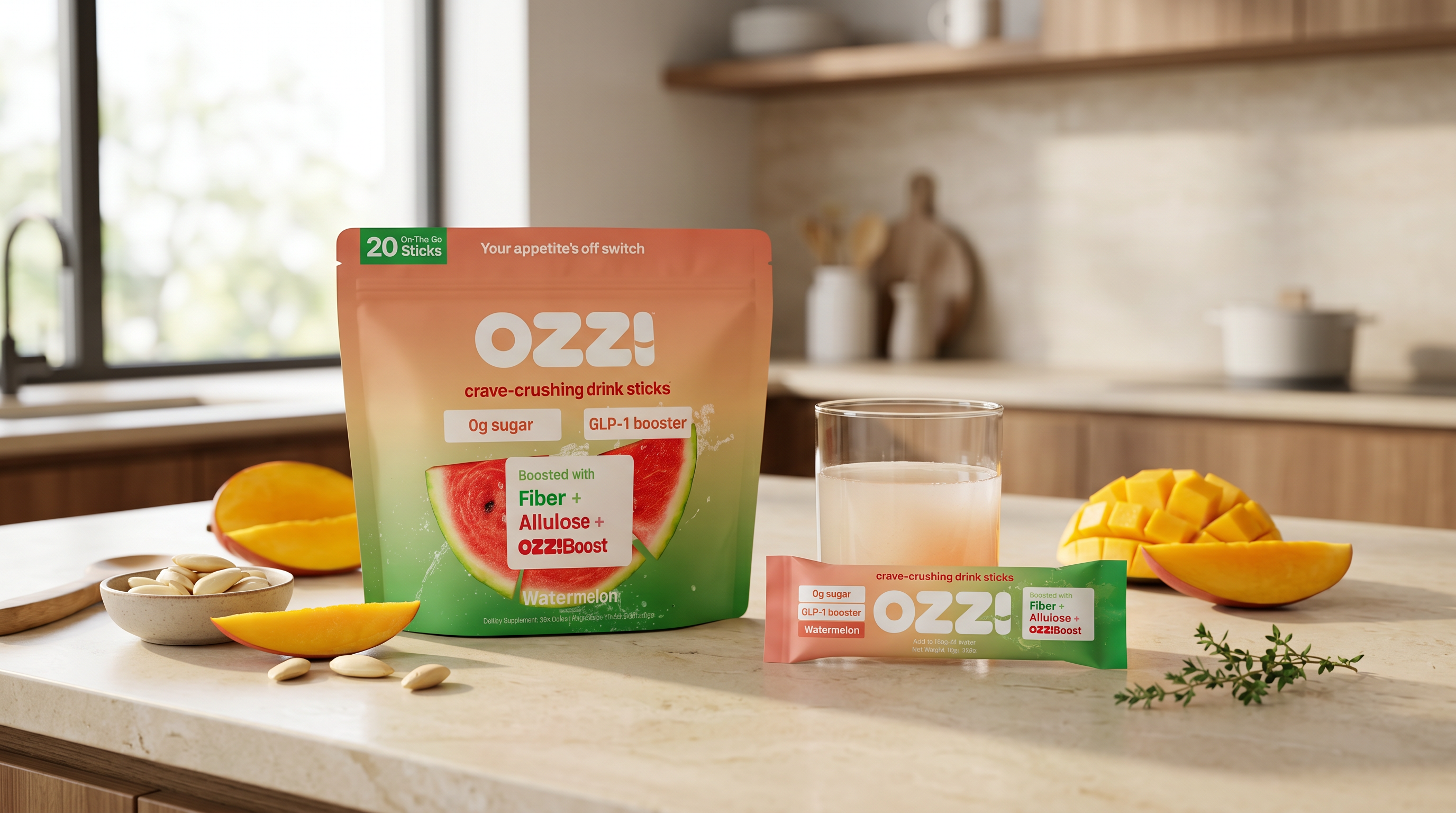OZZ! watermelon stick pack pouch and single stick on a cream kitchen counter with sliced mango and a glass of prepared drink.