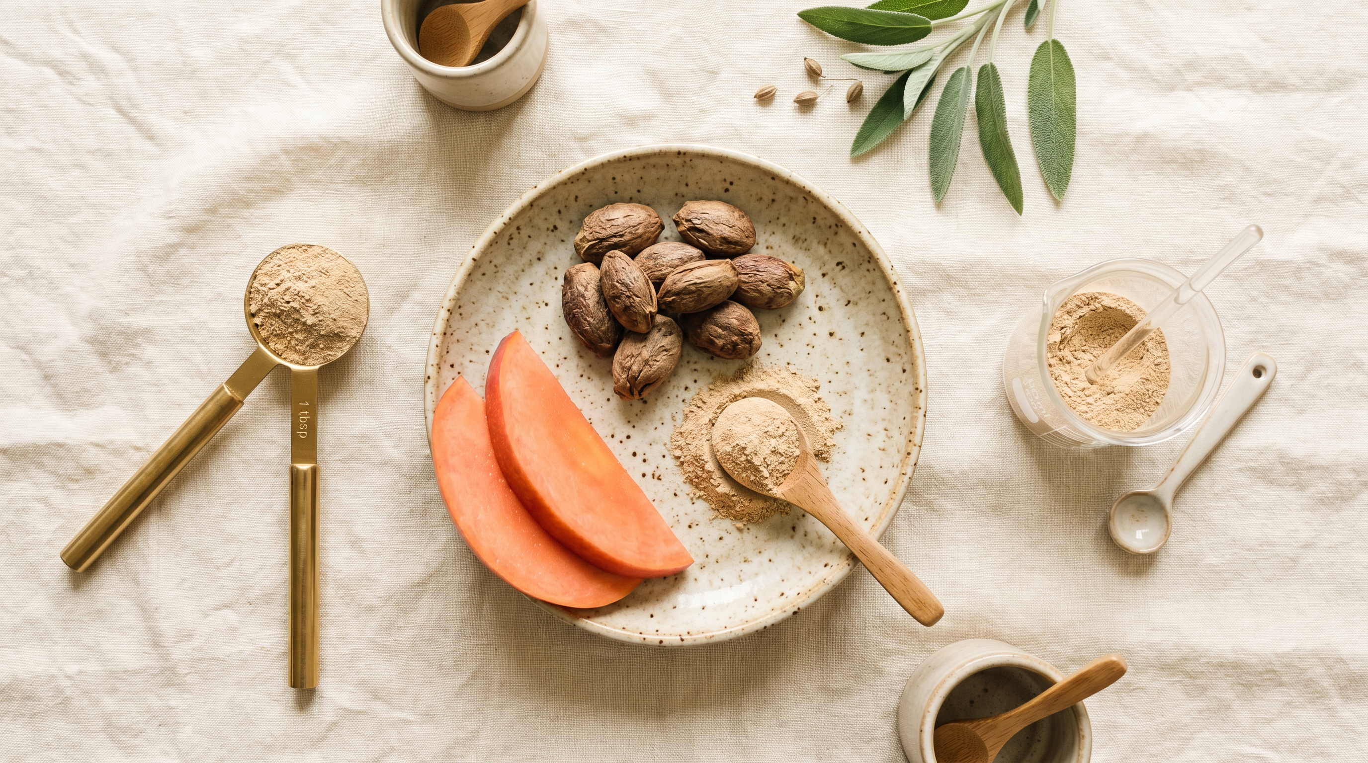 Overhead flatlay of African mango seeds, sliced fresh mango, and measuring spoons of seed powder on a cream linen surface.