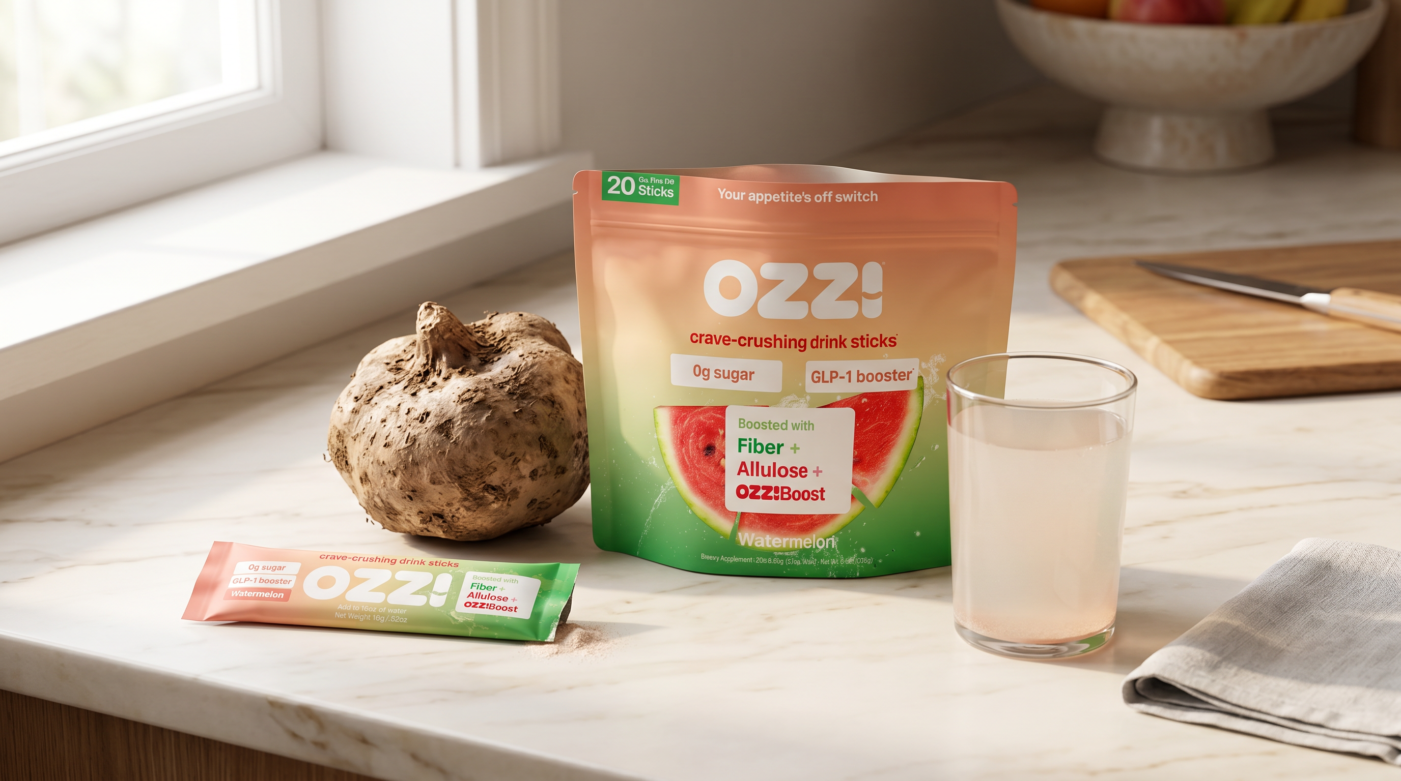 Konjac root next to an Ozzi watermelon stick pack on a kitchen counter