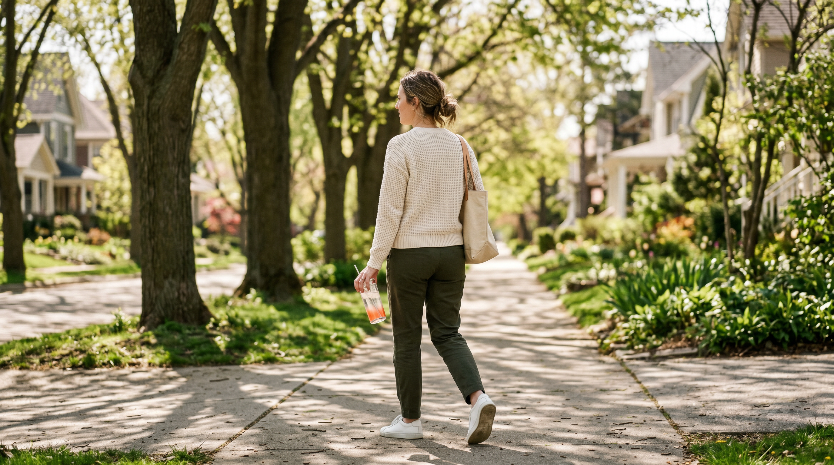 Woman walking outside with a cold drink in hand