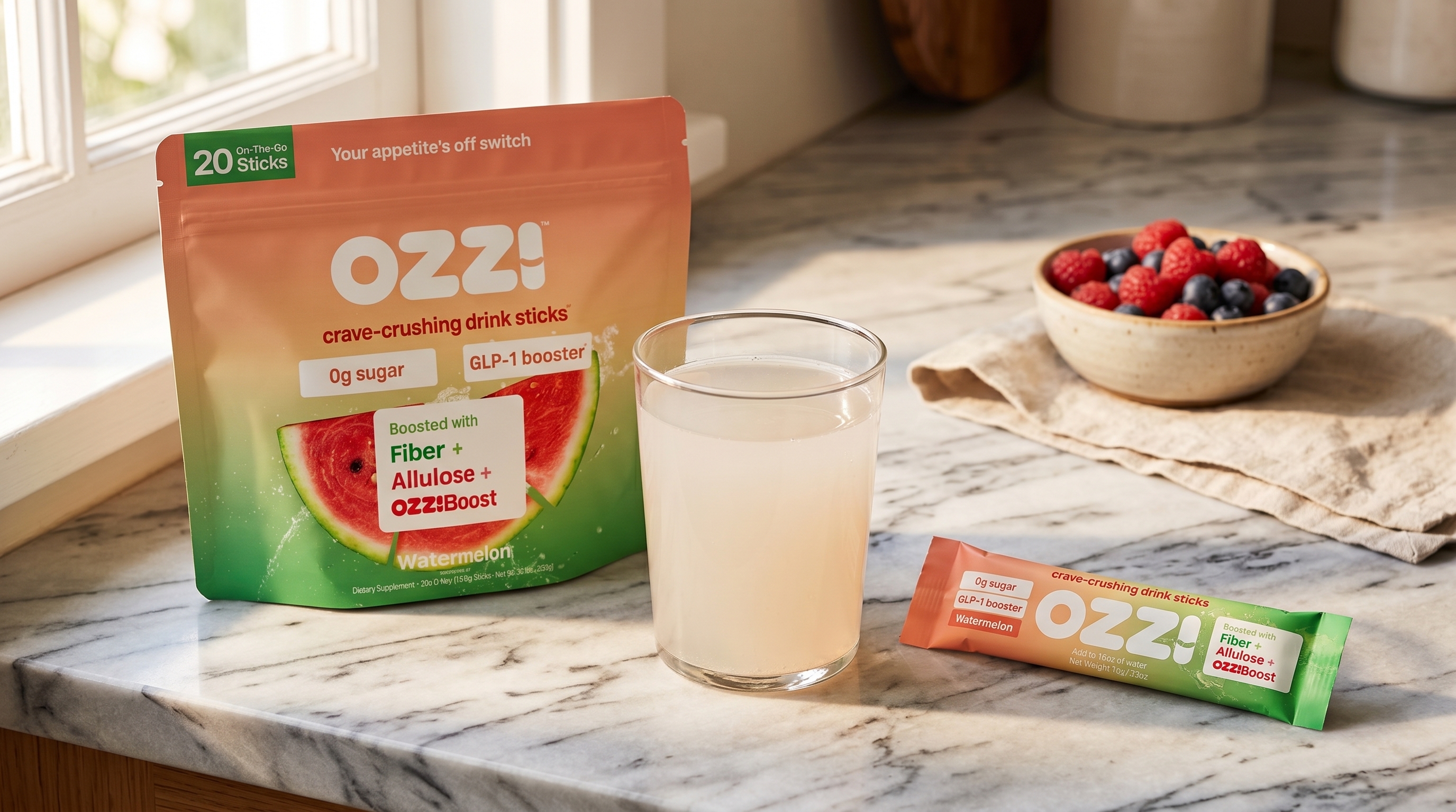 Ozzi GLP-1 booster drink pouch and prepared drink on a kitchen counter