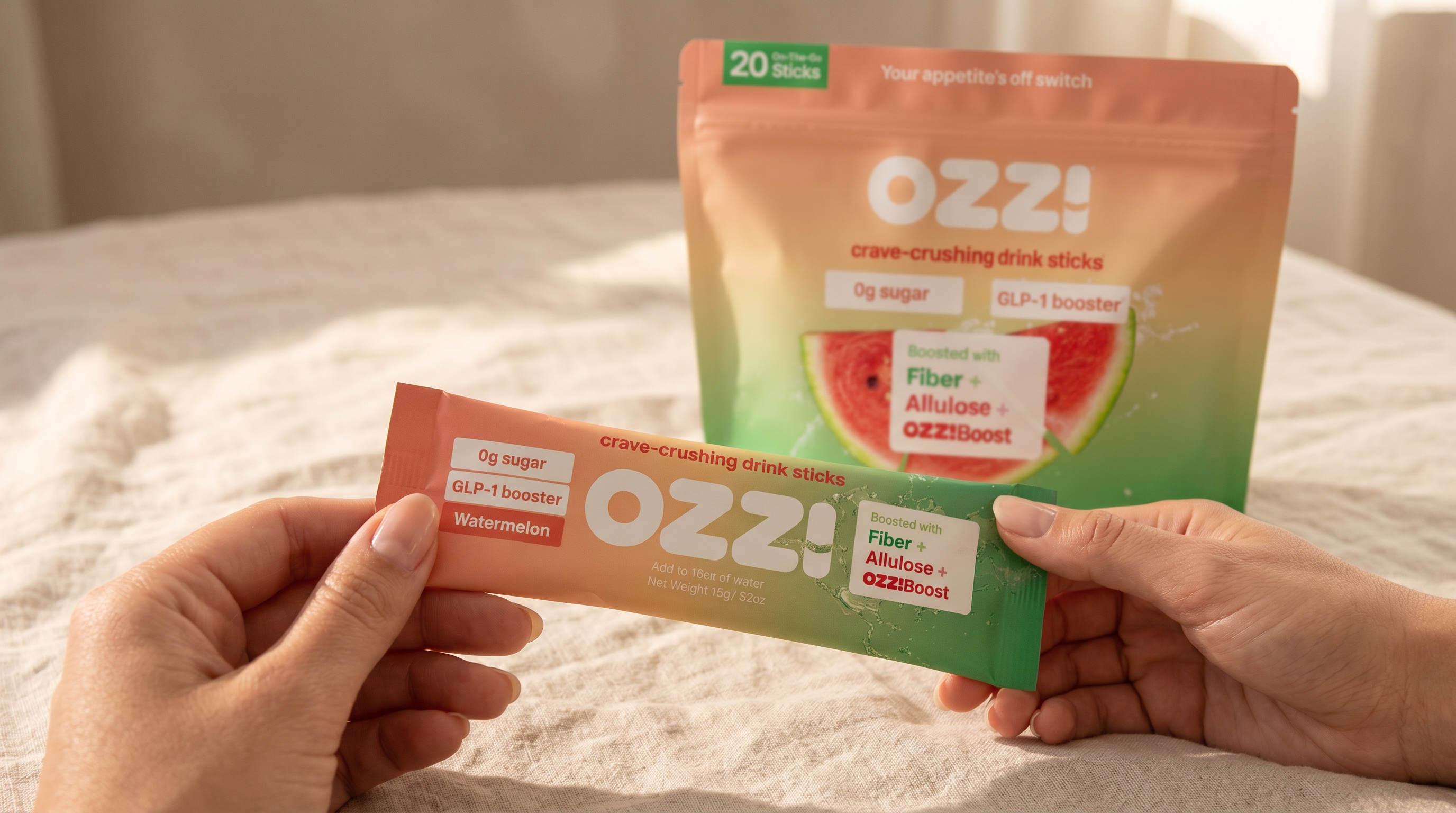 Ozzi pouch and prepared drink on a calm bedside table