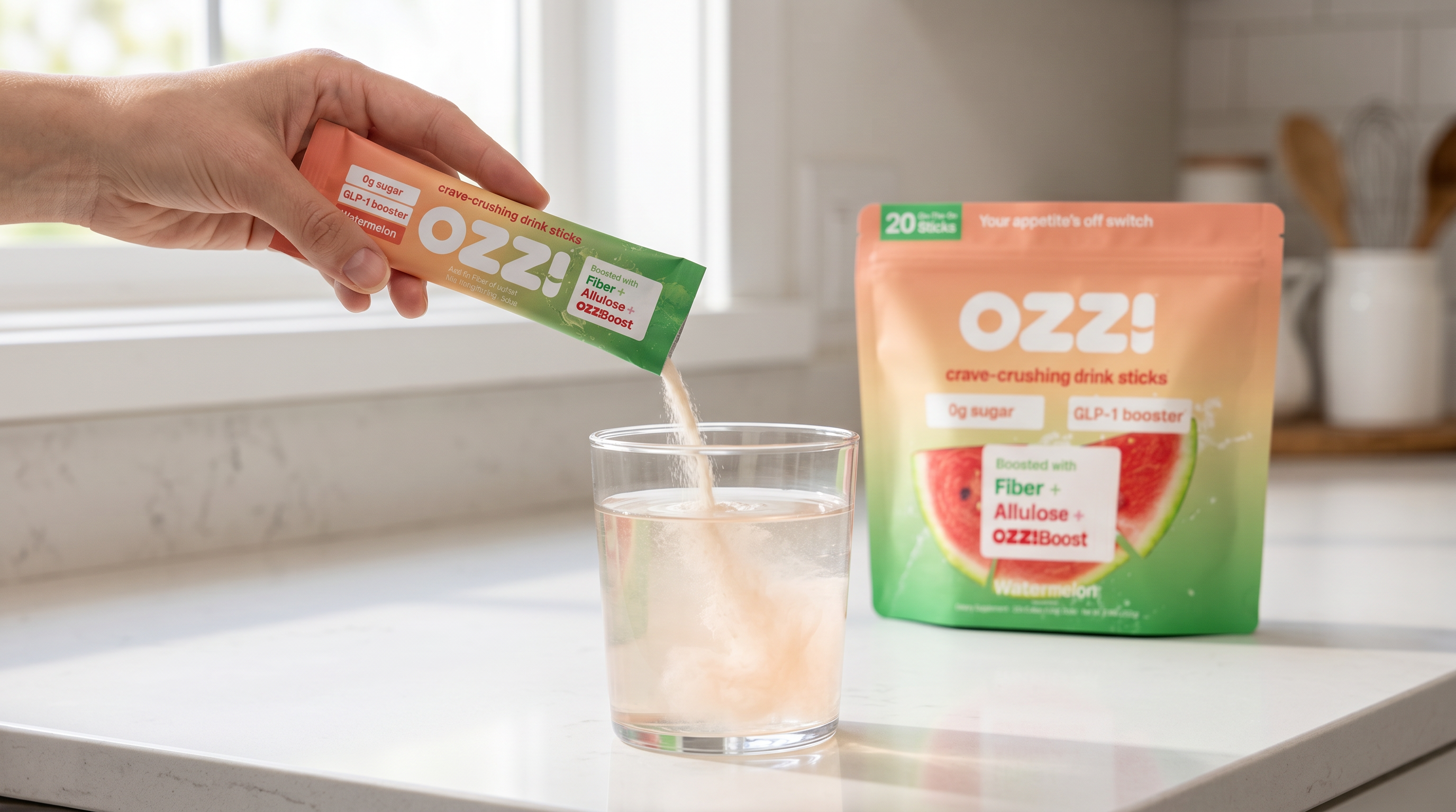 Ozzi pouch and prepared drink on a sunlit modern kitchen island