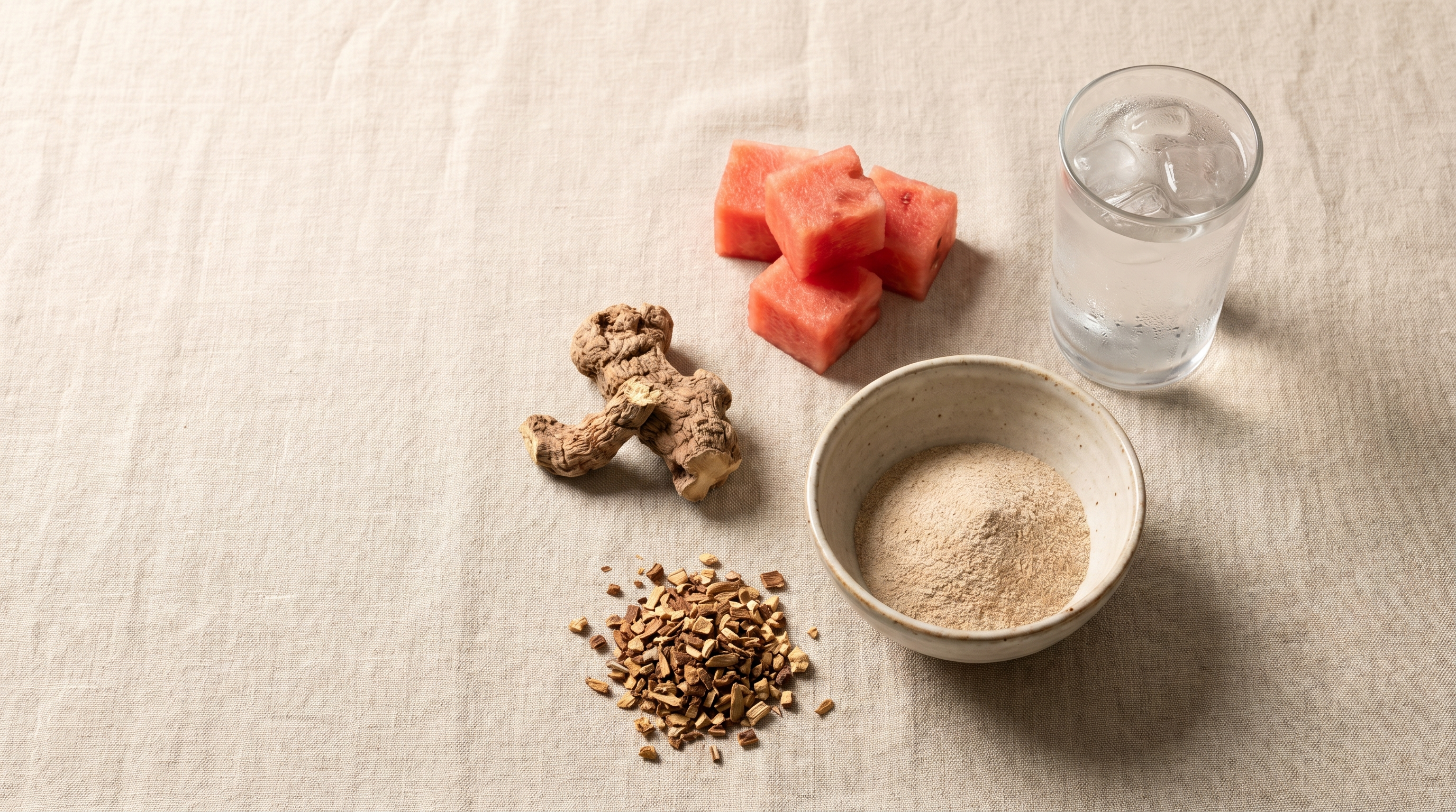 Whole-food ingredients including watermelon, konjac root, chicory root, and soluble fiber arranged on a neutral linen surface