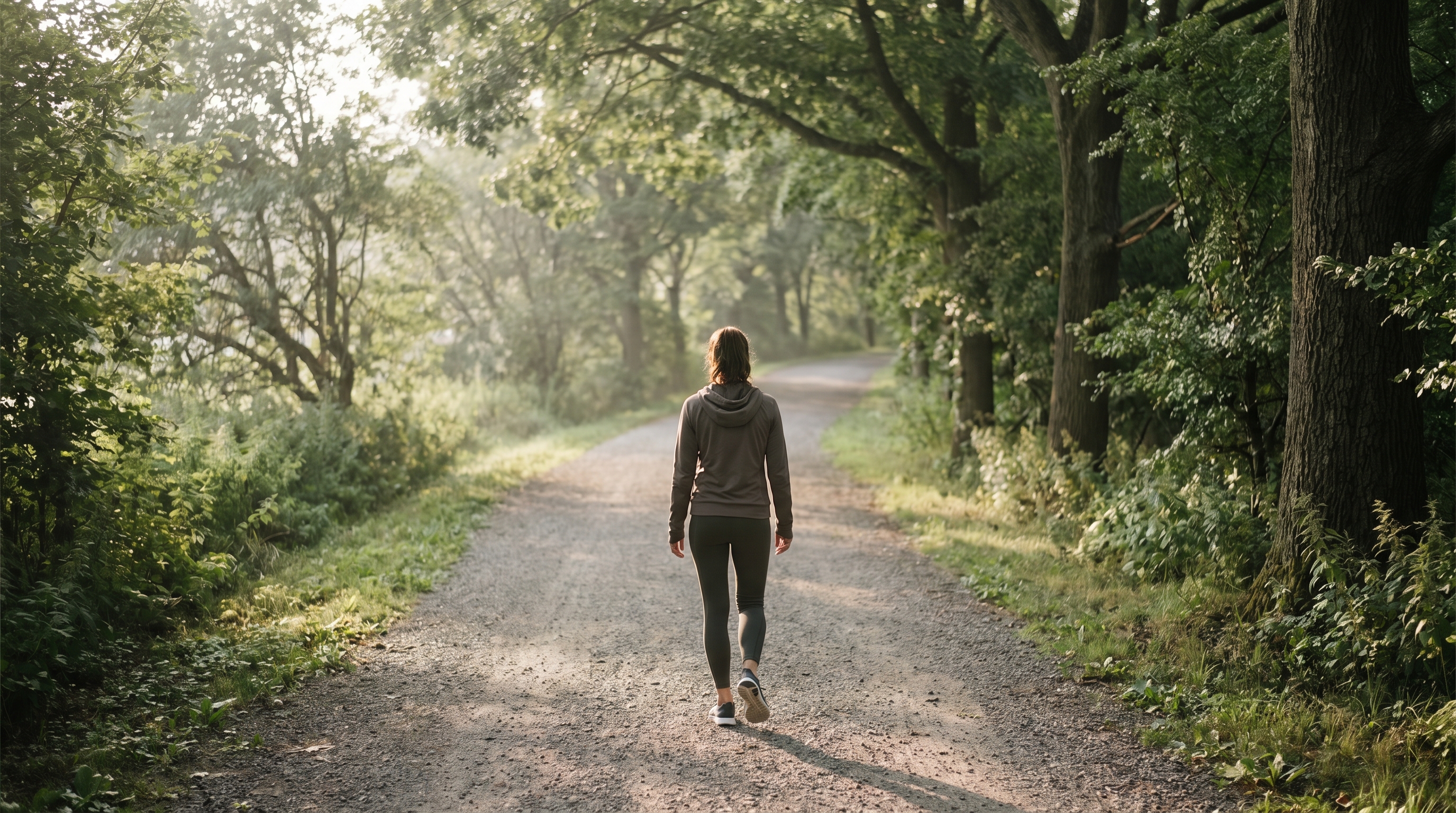 A person in athletic wear walking outdoors on a tree-lined path in morning light