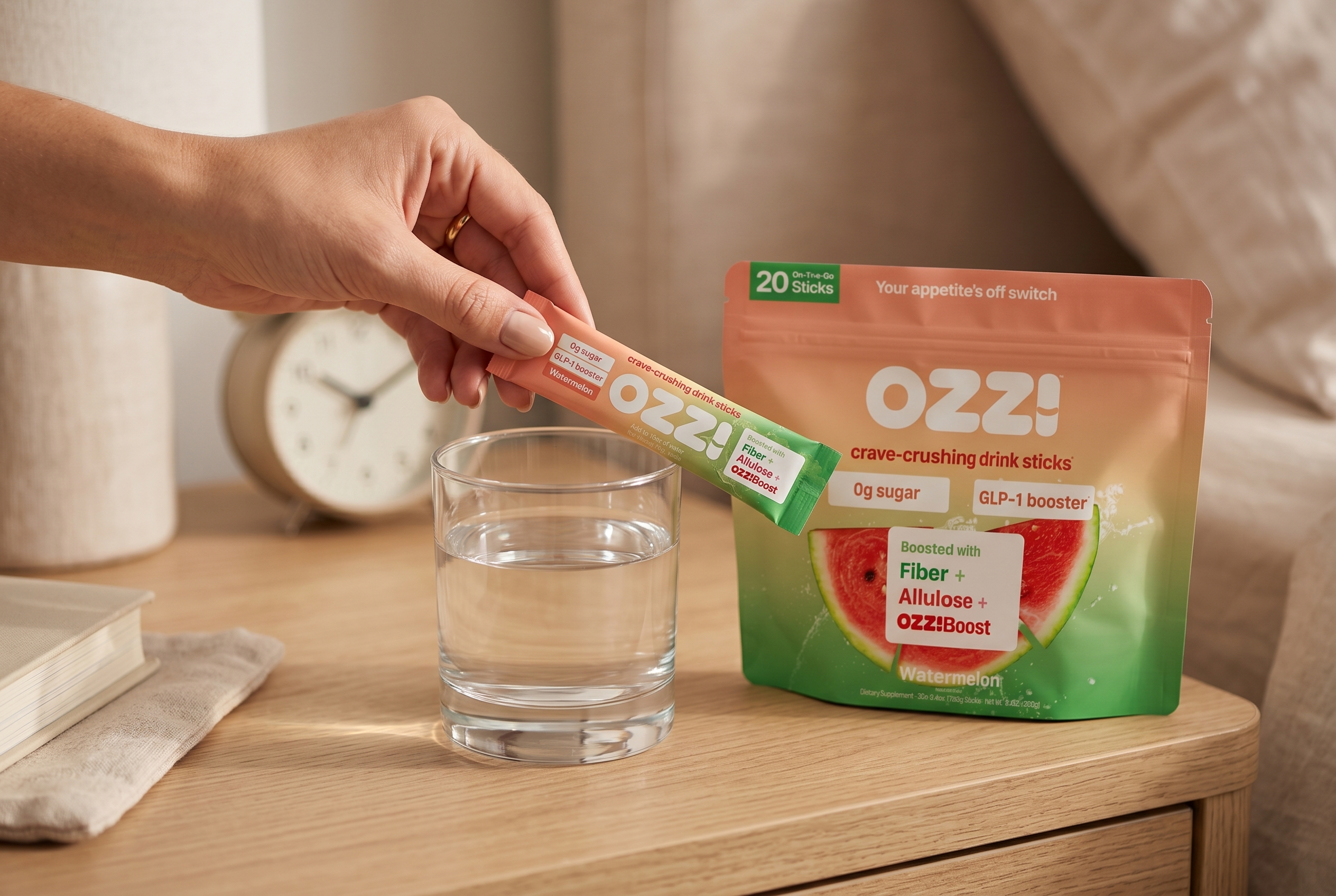 A hand holding a single Ozzi watermelon stick pack over a glass of water on a nightstand, with the Ozzi pouch beside it.