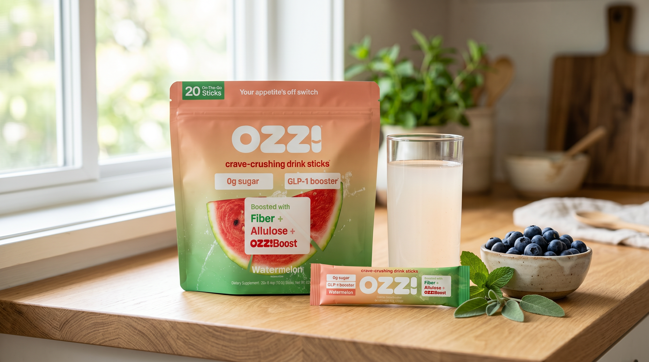 Ozzi watermelon pouch and stick beside a glass of the prepared cloudy off-white drink on a bright kitchen counter