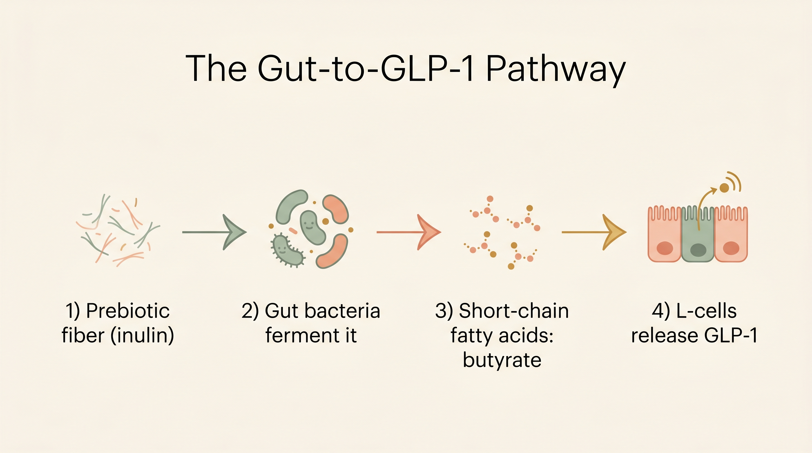 Diagram of the gut-to-GLP-1 pathway: fiber to gut bacteria to butyrate to L-cells releasing GLP-1